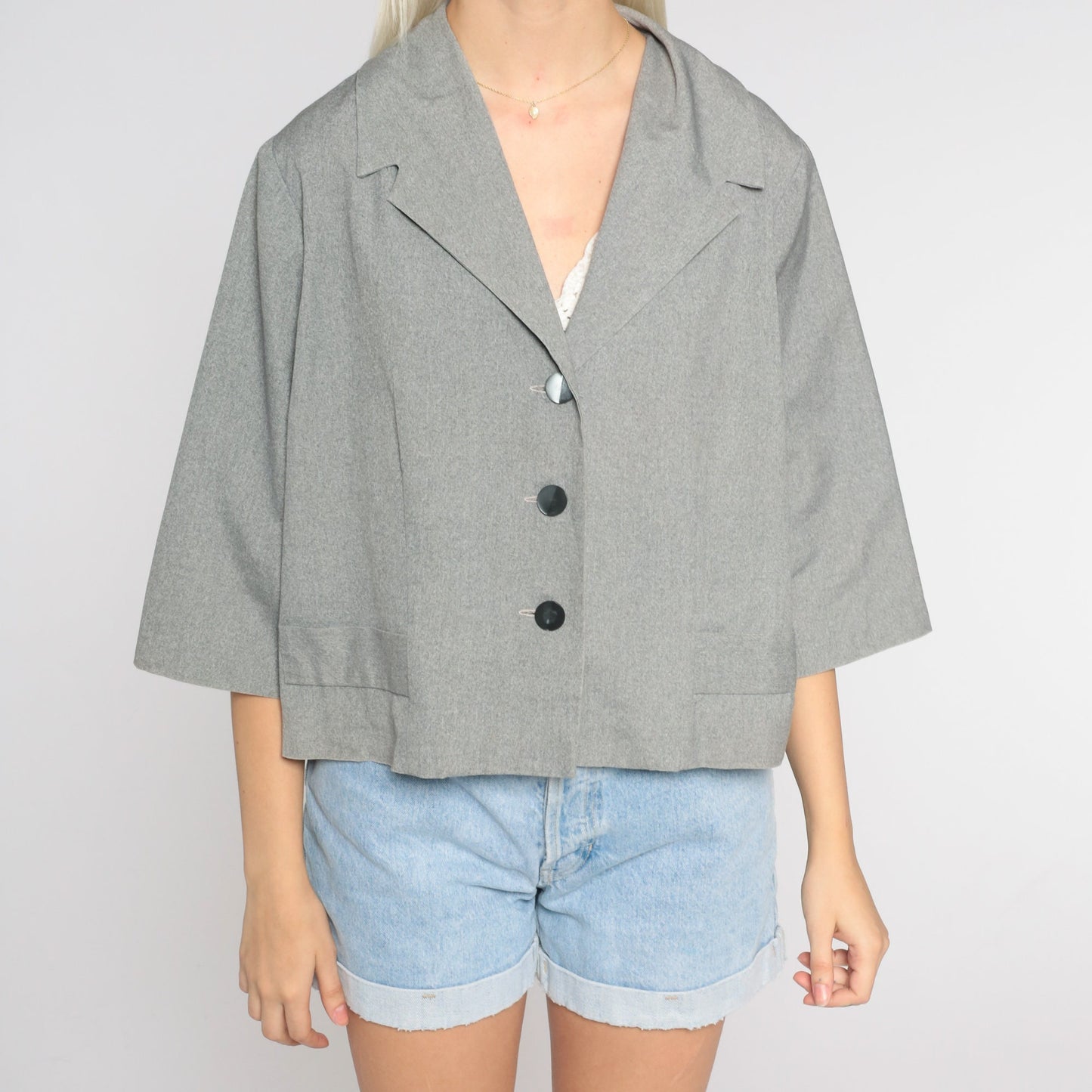 70s Grey Blazer Wide 3/4 Sleeve Button-Up Tailored Jacket Large L