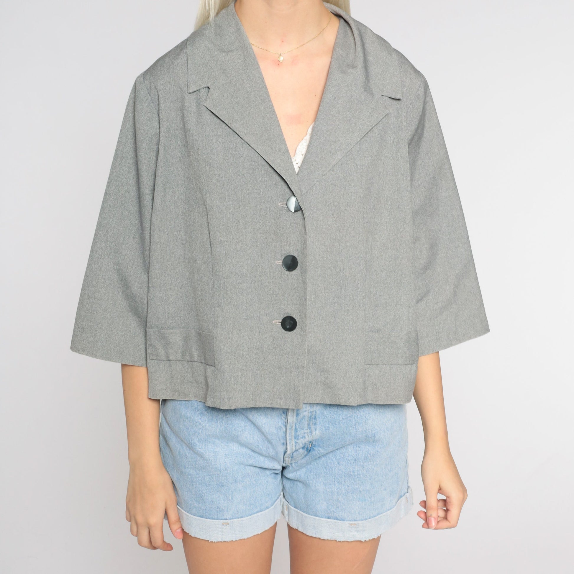 70s Grey Blazer Wide 3/4 Sleeve Button-Up Tailored Jacket Large L