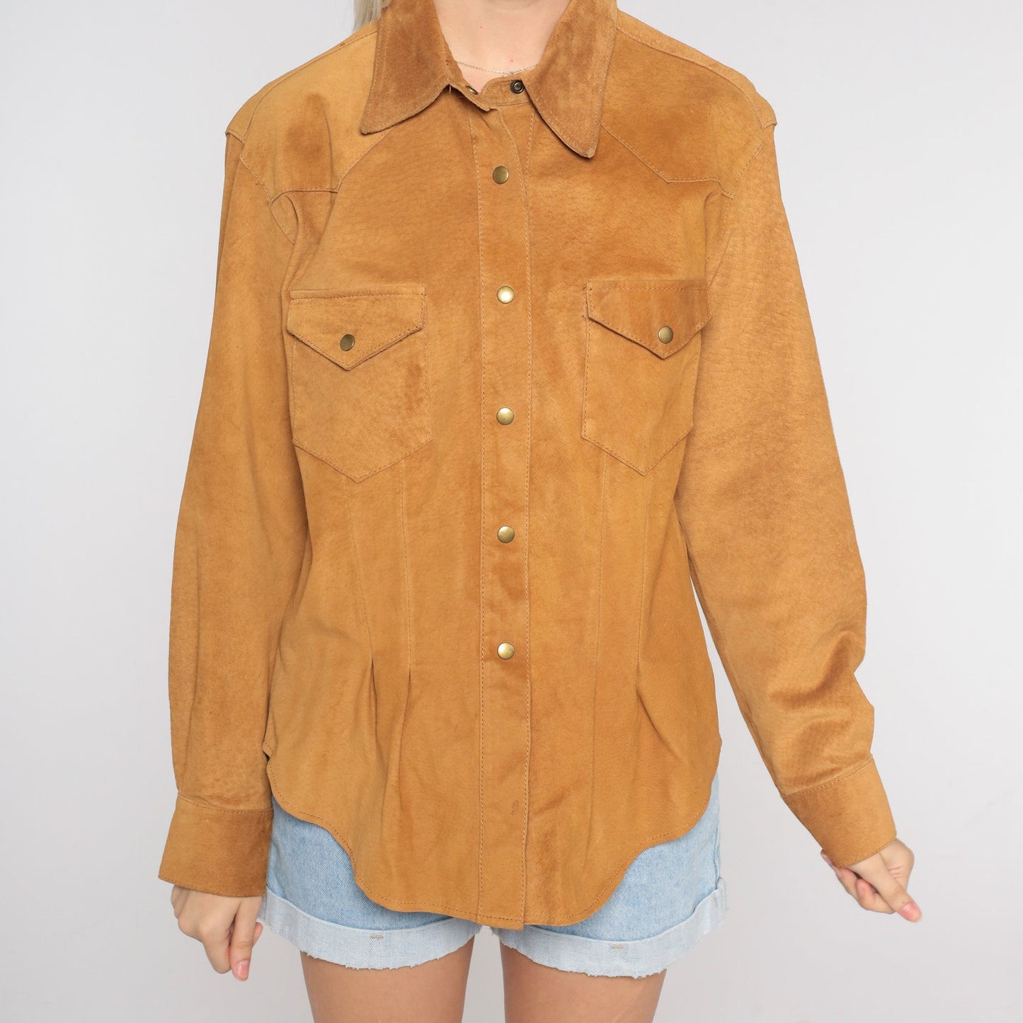 90s Brown Leather Snap Shirt Long Sleeve Western Button Up Medium M