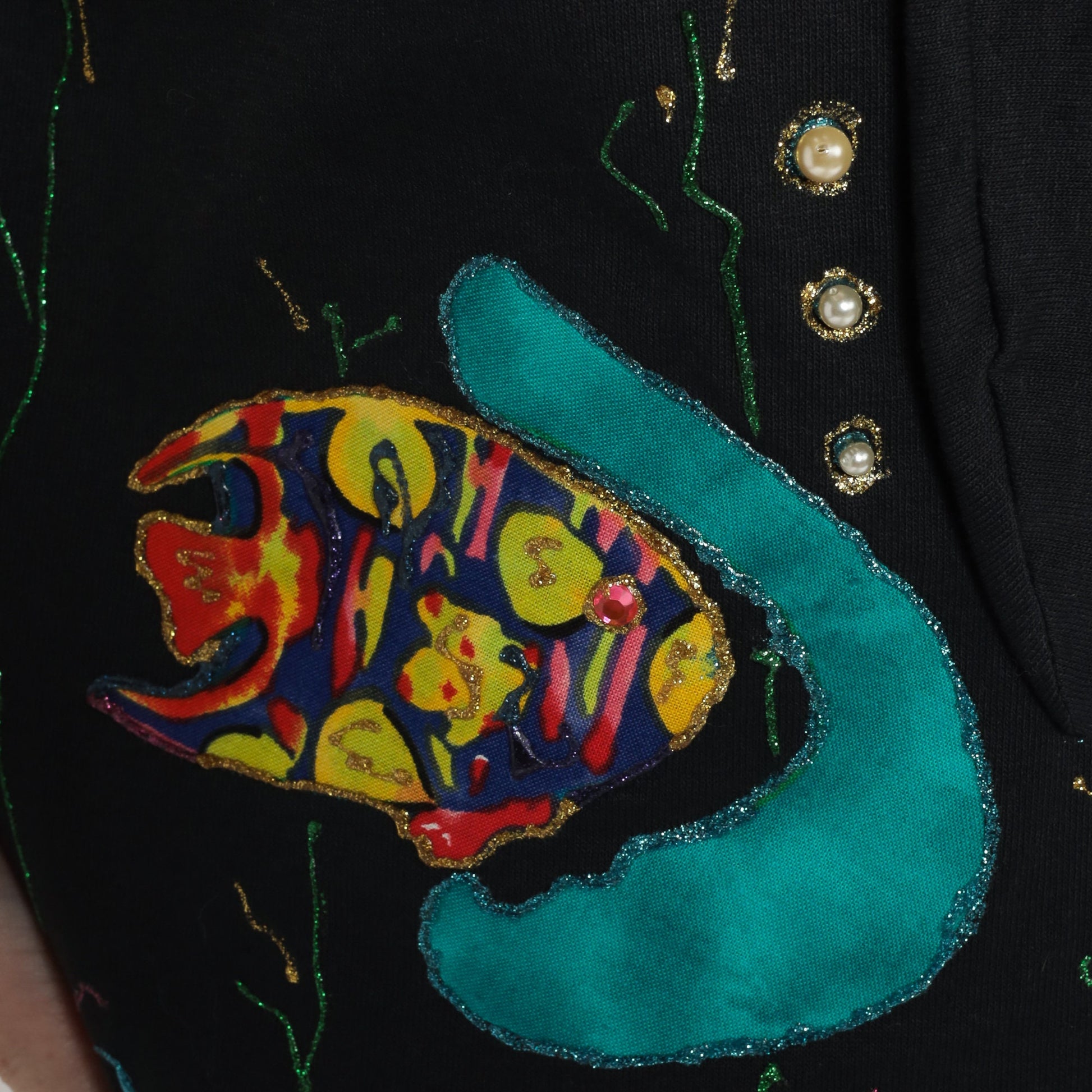 90s Black Tropical Fish Ascot Blouse Glitter Pearls Short Sleeve Large L