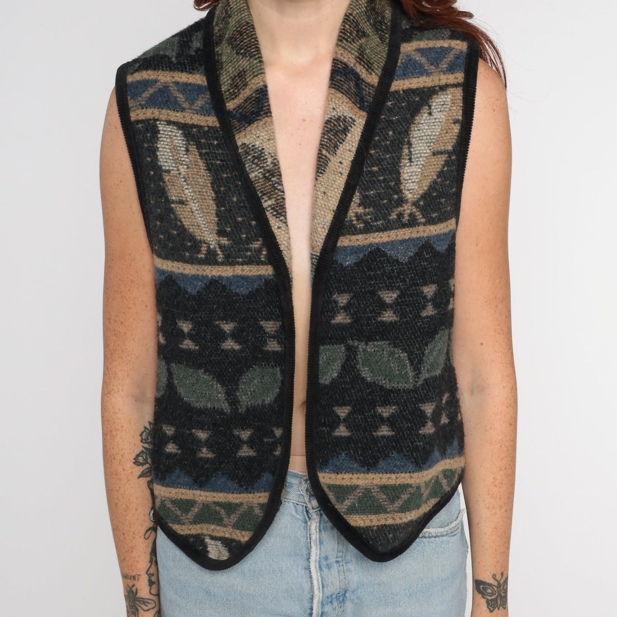90s Tapestry Vest Leaf Feather Print Open Front Sleeveless Small