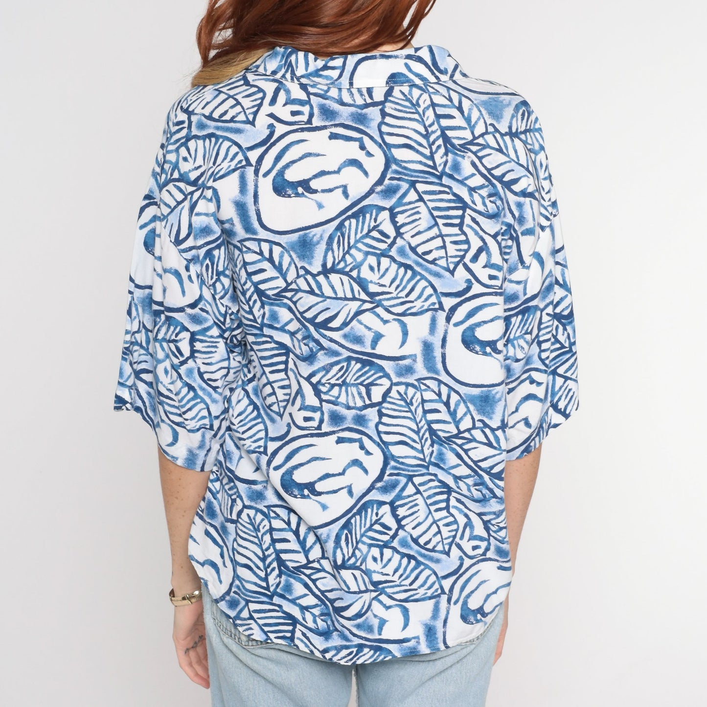 90s Blue White Leaf Print Button Up Shirt Rayon Large L