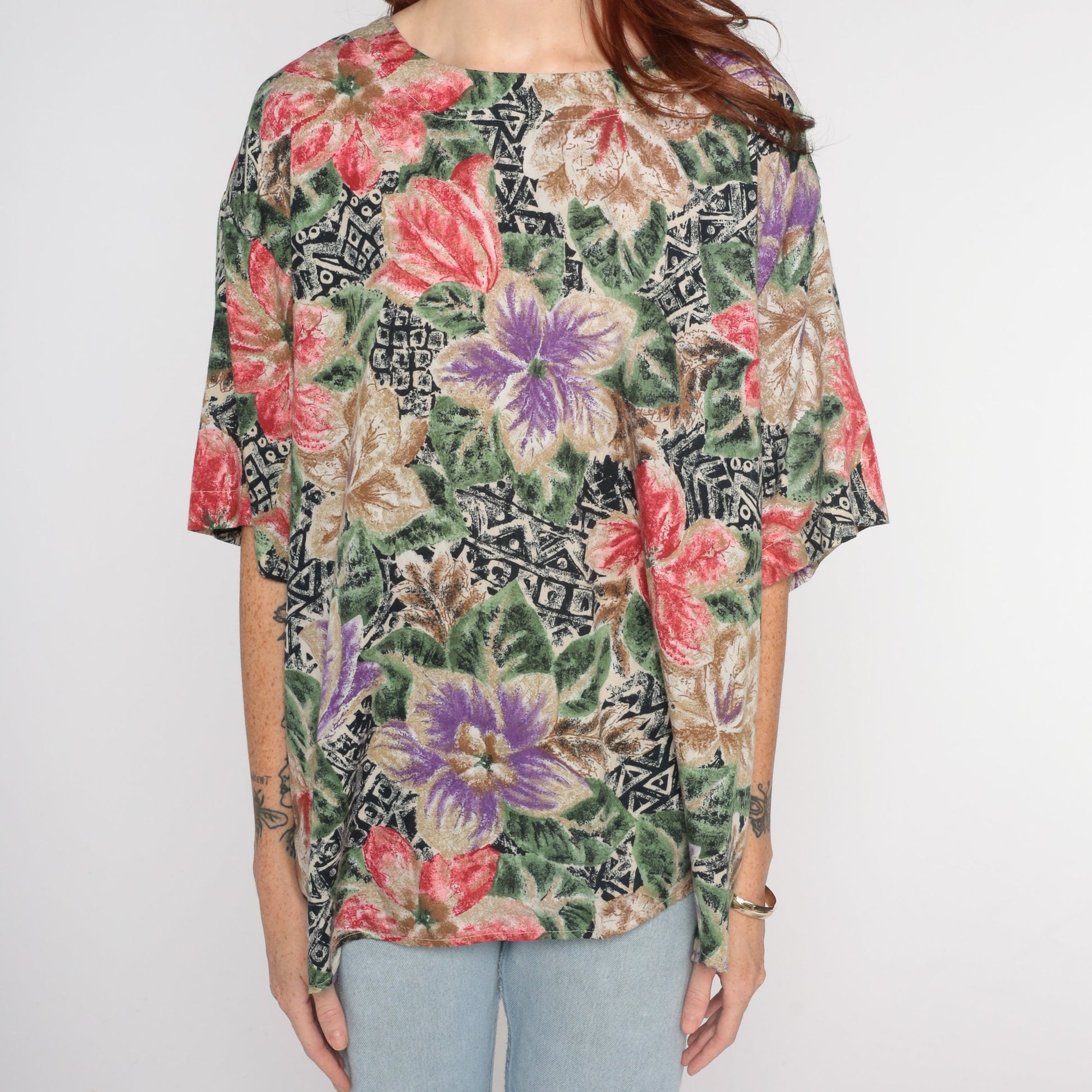 90s Hawaiian Floral Geometric Print Blouse Short Sleeve Plus Size XXL