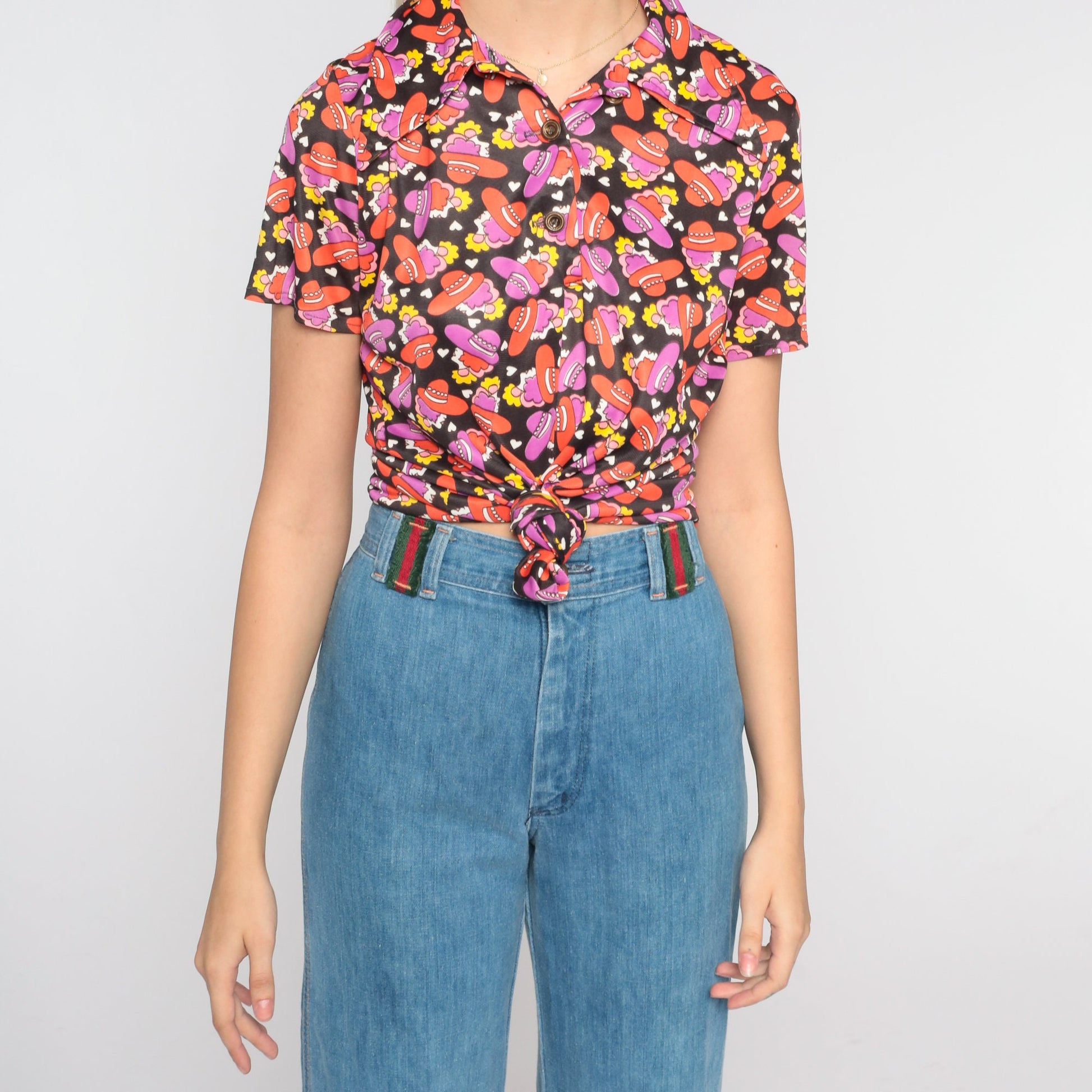 70s Disco Blouse Black Dagger Collar Heart Hat Print Short Sleeve Small Medium