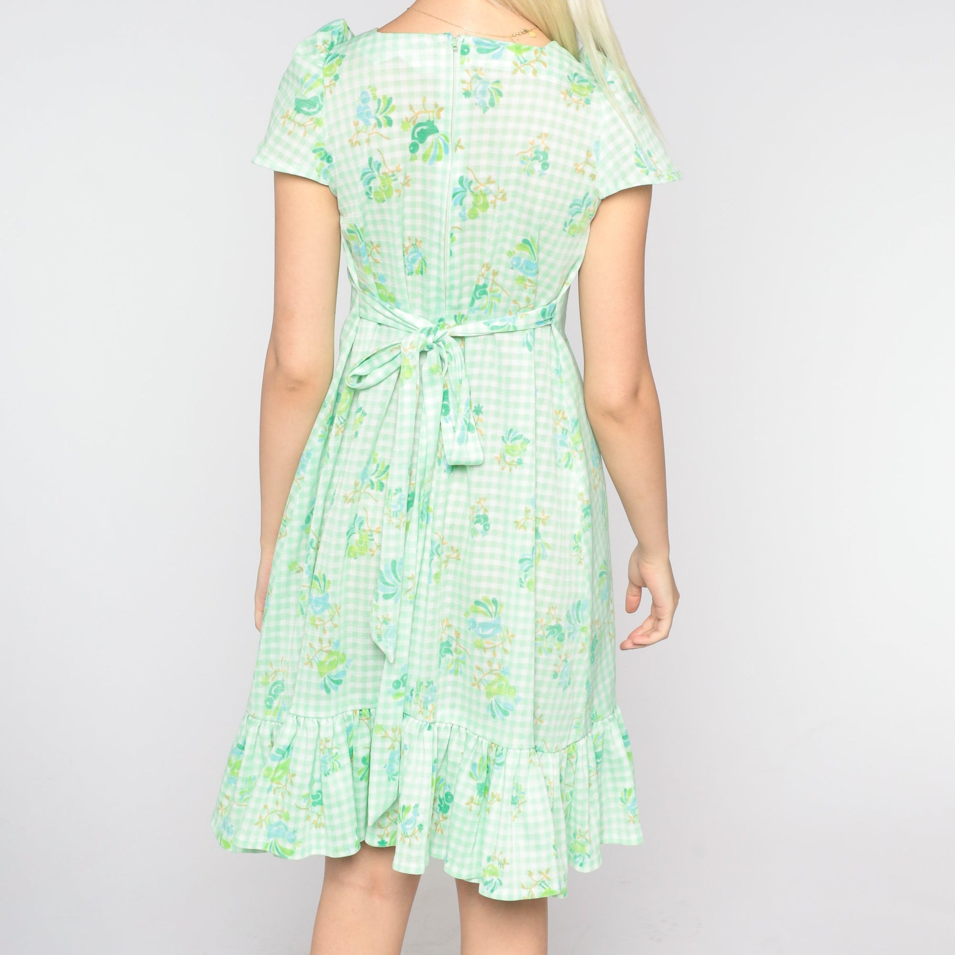 70s Green White Gingham Bird Floral Mini Dress Puff Sleeve Shift Small