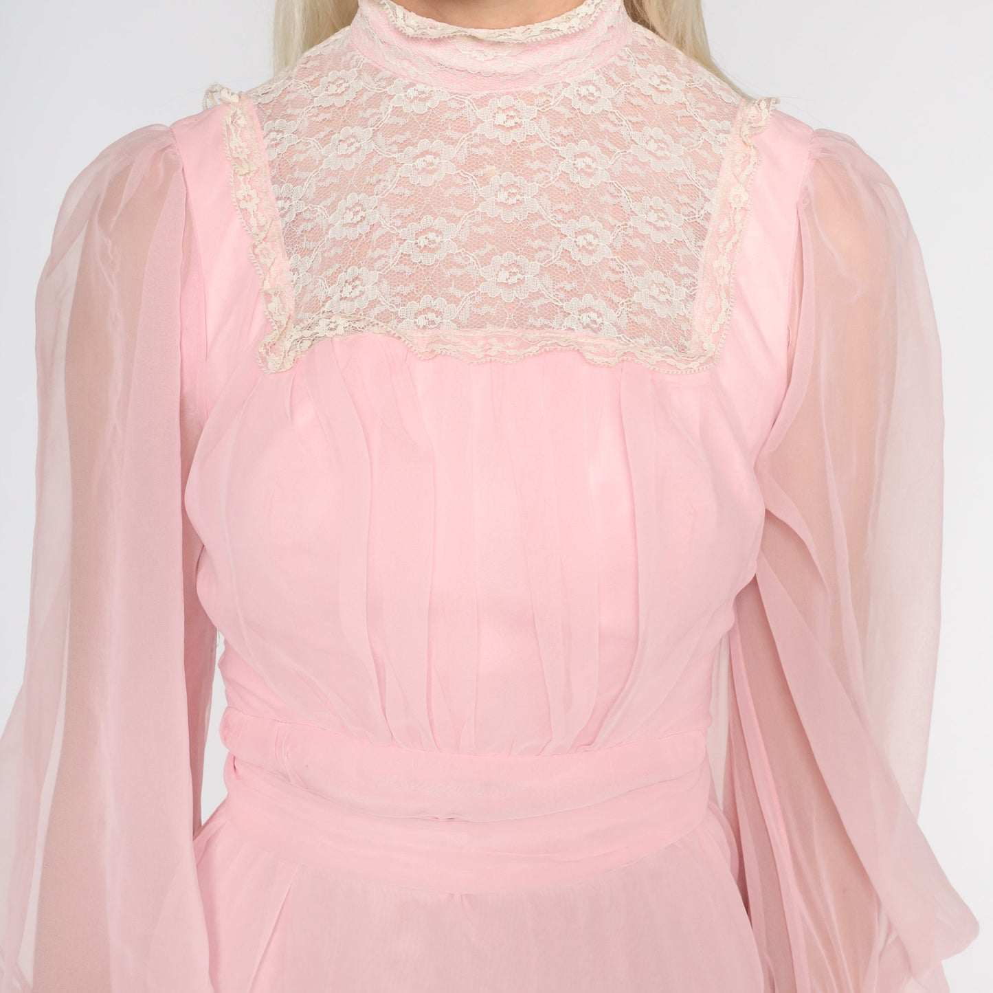 70s Pink Chiffon Mini Dress High Neck Lace Bib Long Sleeve Extra Small