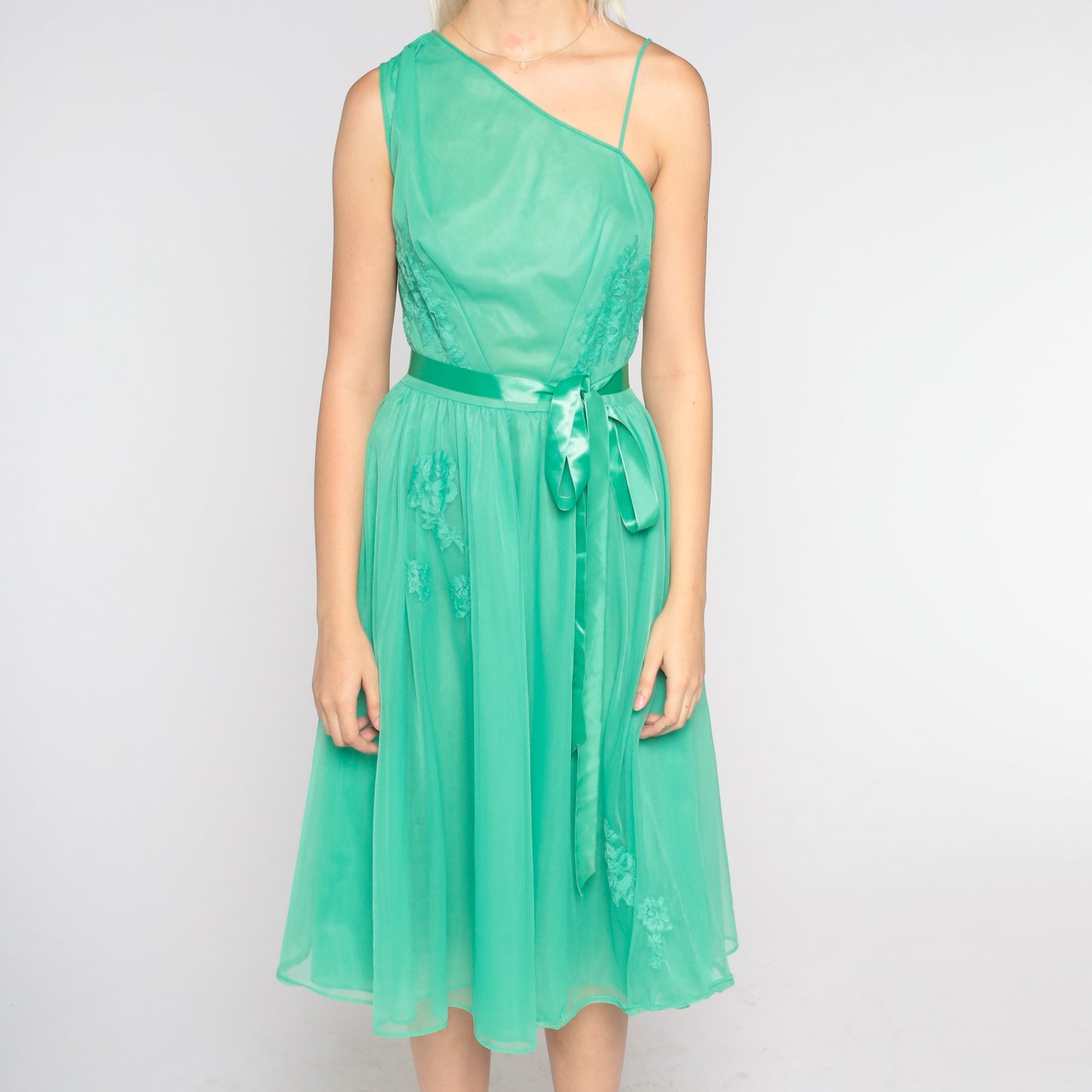 1960s One-Shoulder Slip Dress Green Floral Lace Midi Small