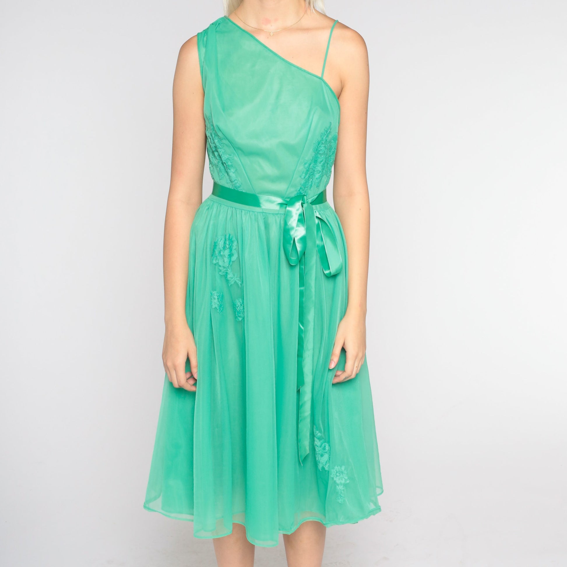 1960s One-Shoulder Slip Dress Green Floral Lace Midi Small