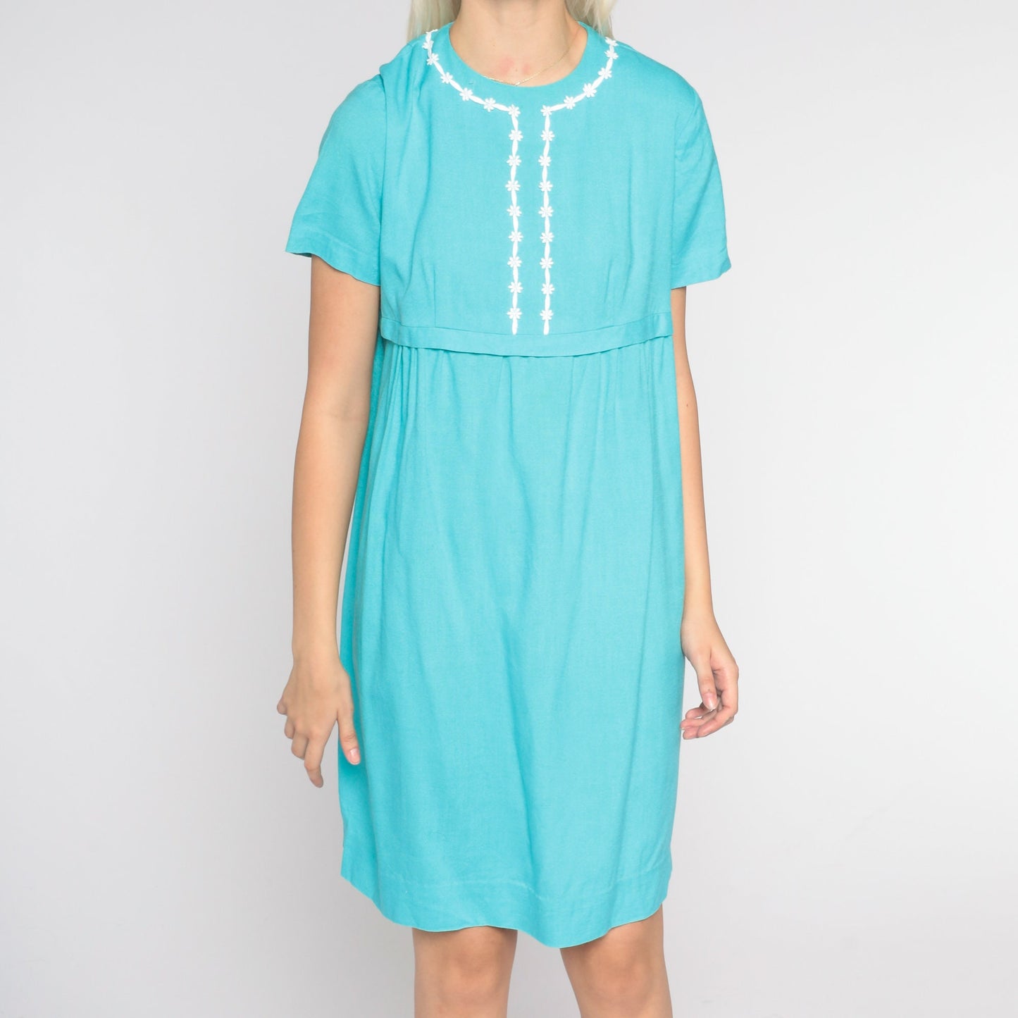 60s Bright Blue Mini Shift Dress Floral Trim Empire Waist Small