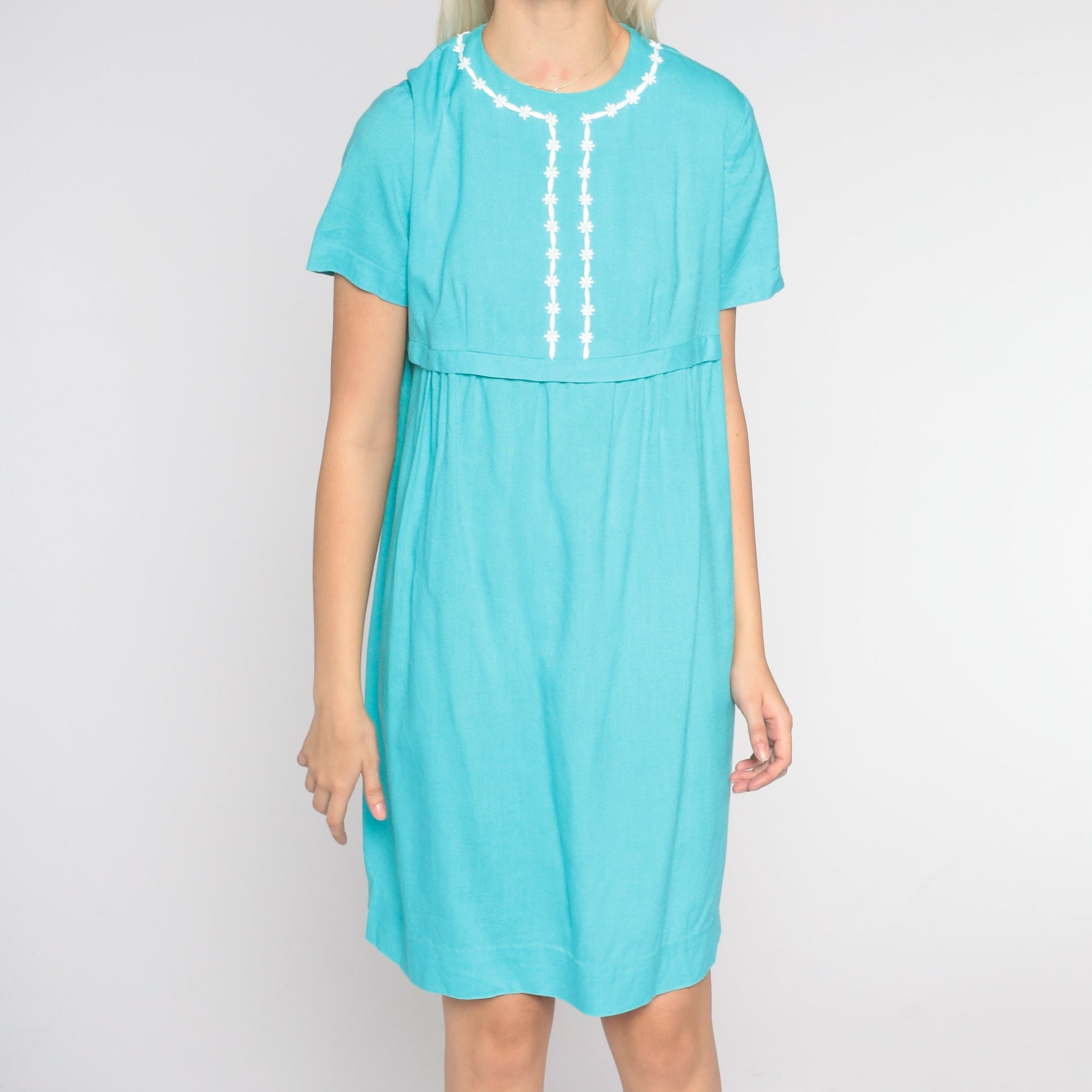 60s Bright Blue Mini Shift Dress Floral Trim Empire Waist Small