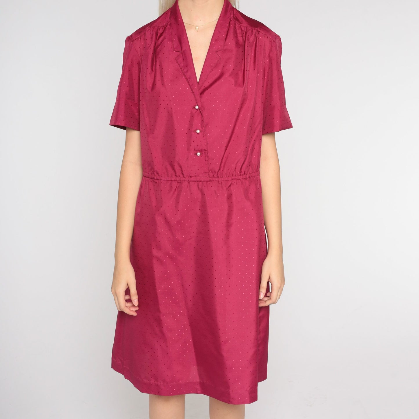 80s Berry Red Shirtwaist Mini Dress Embossed Dots Button-Up Collar Medium Large