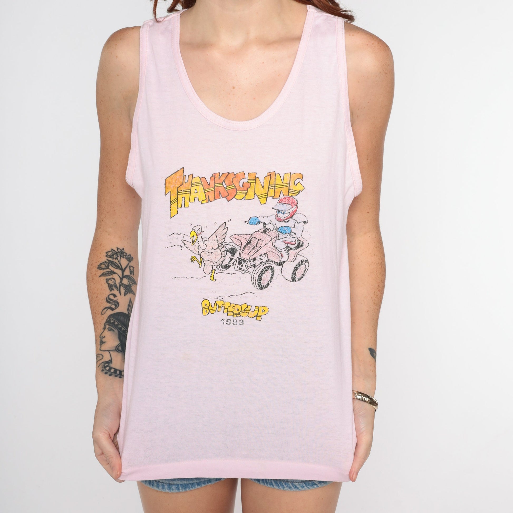 80s Turkey Hunt Thanksgiving Tank Top Graphic Sleeveless Tee Baby Pink Medium
