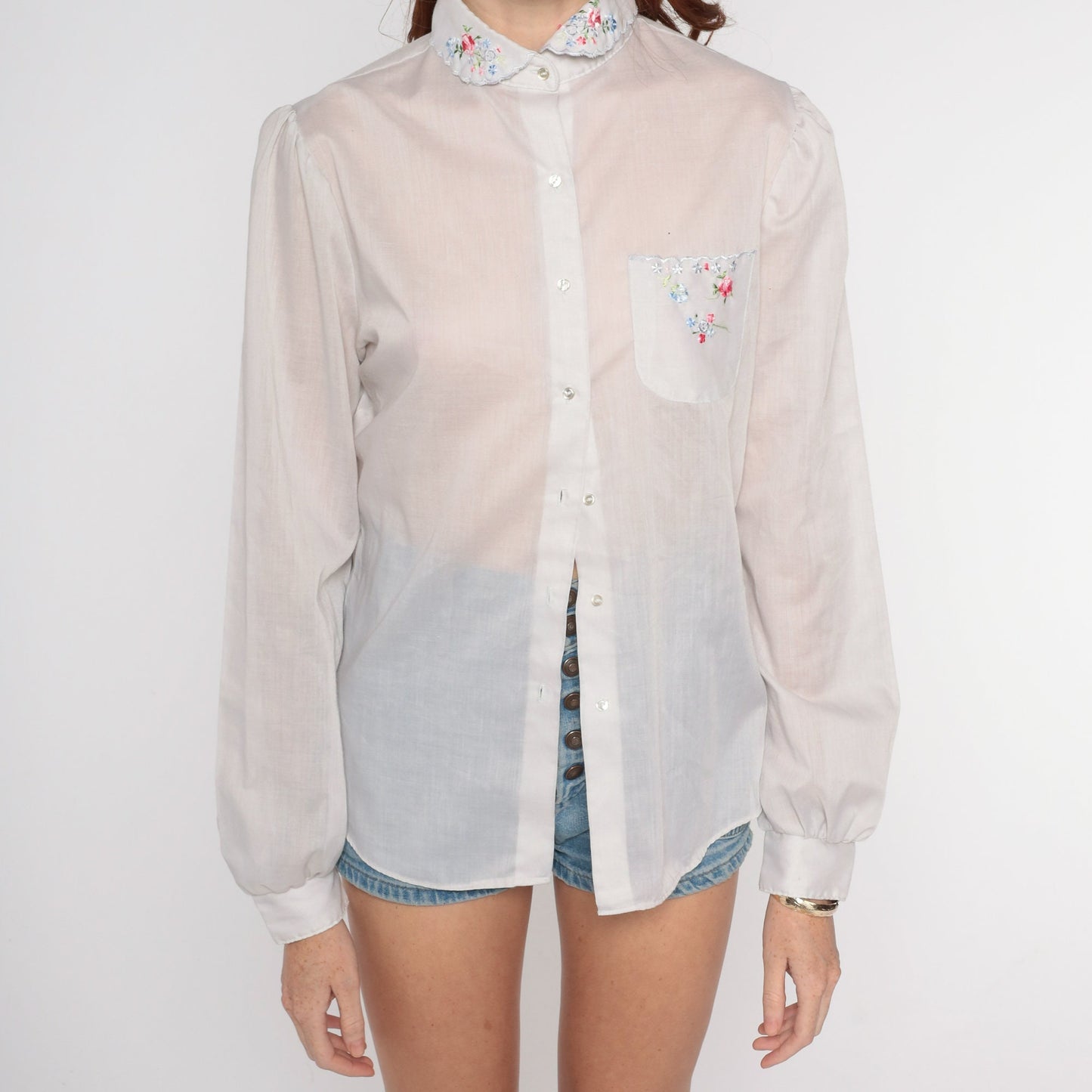 80s White Sheer Blouse Floral Embroidered Puff Sleeve Peter Pan Collar Small