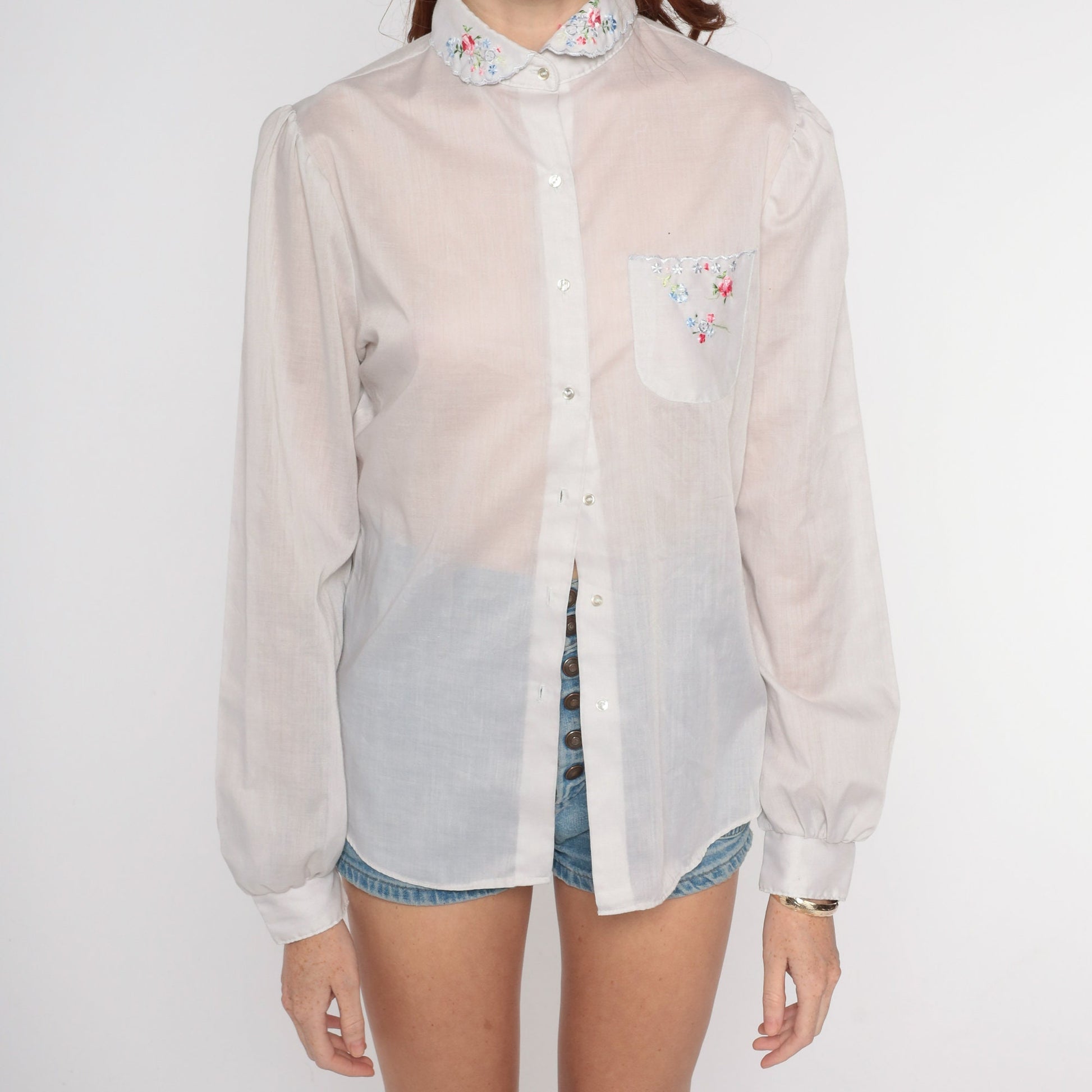 80s White Sheer Blouse Floral Embroidered Puff Sleeve Peter Pan Collar Small