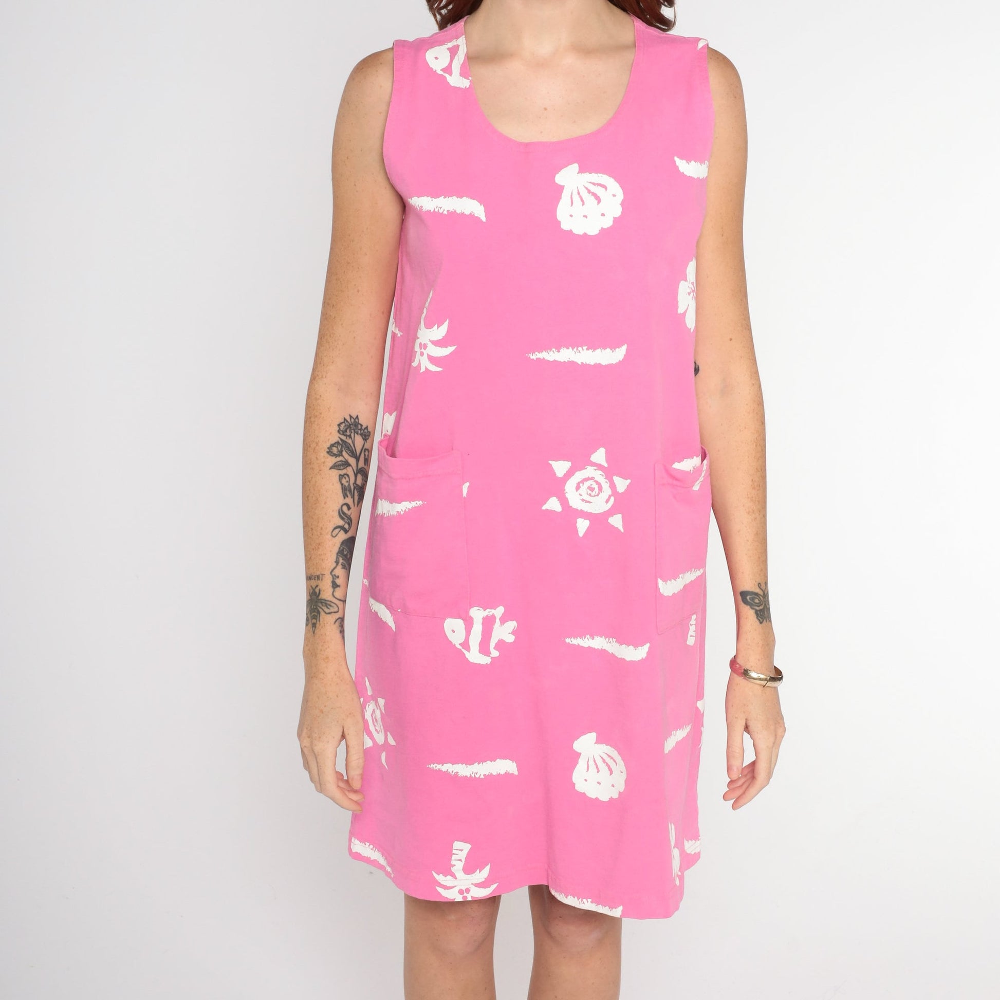 90s Pink Tropical Mini Dress Fish Shell Sun Print Sleeveless Small