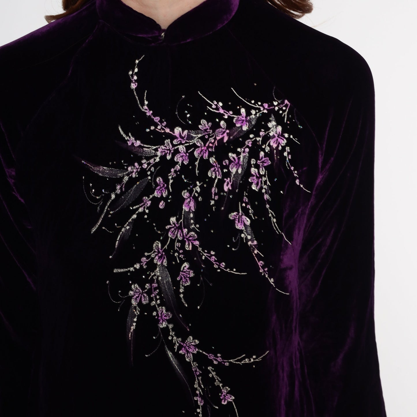 90s Dark Purple Velvet Ao Dai Midi Dress Cherry Blossom Print High Slit Extra Small