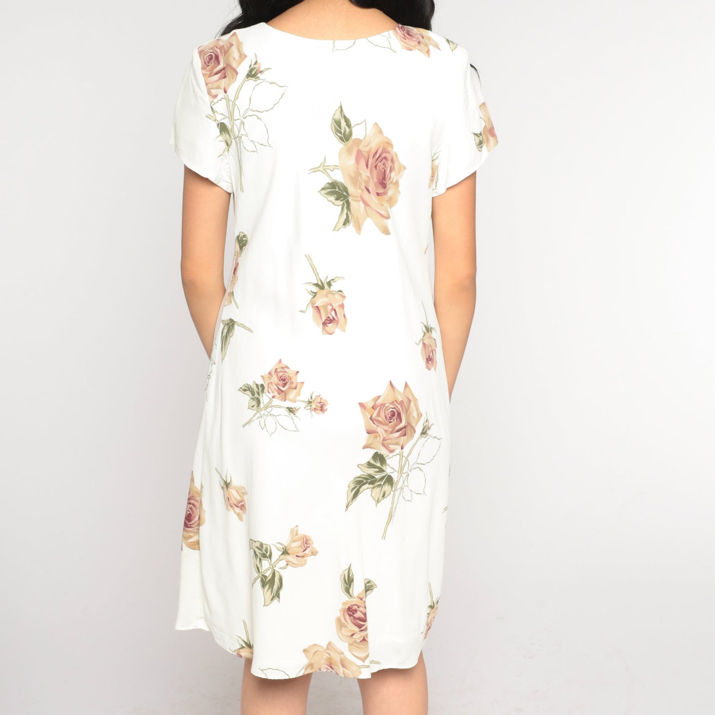 90s Jessica Howard Rose Print Mini Dress White Floral Short Sleeve Large L