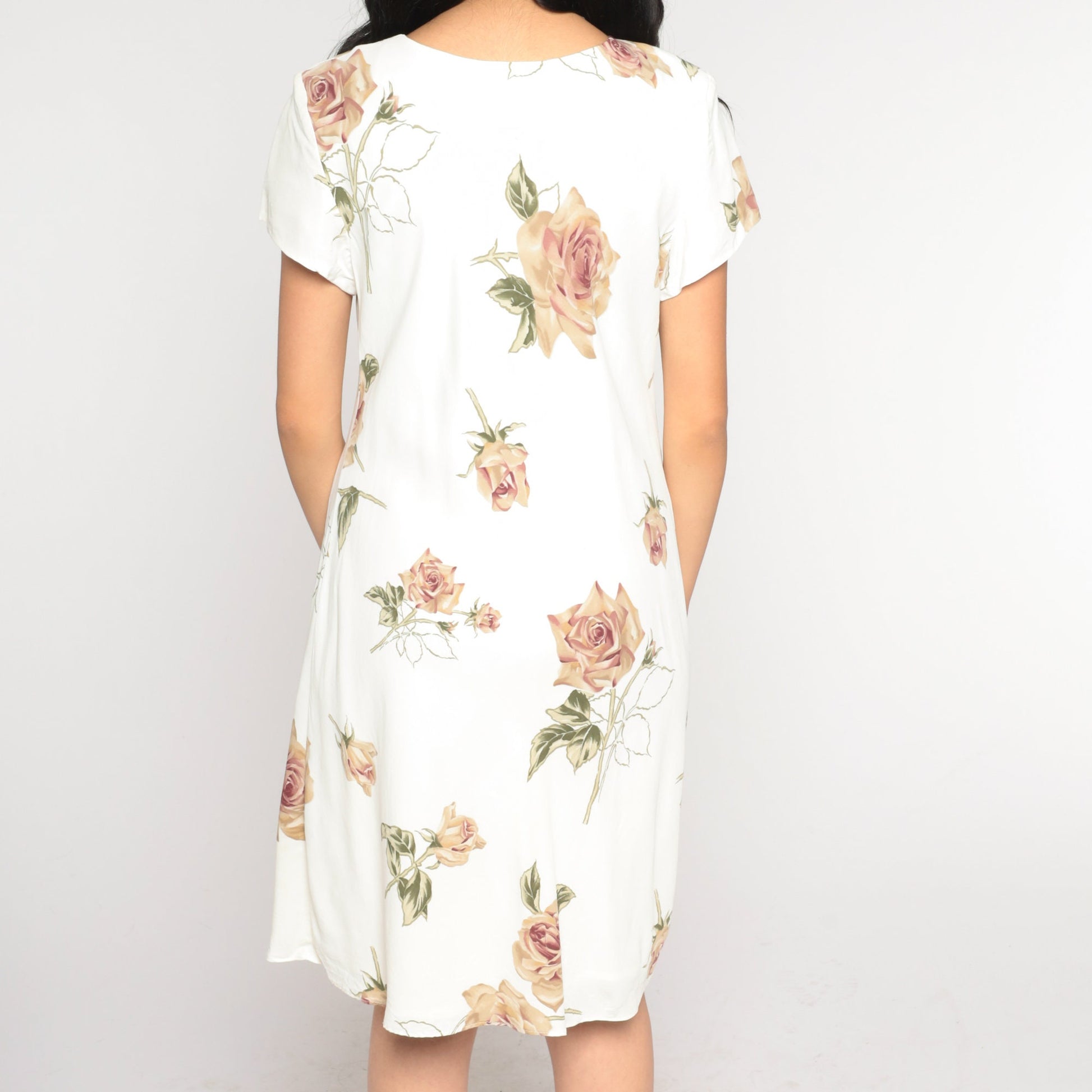 90s Jessica Howard Rose Print Mini Dress White Floral Short Sleeve Large L