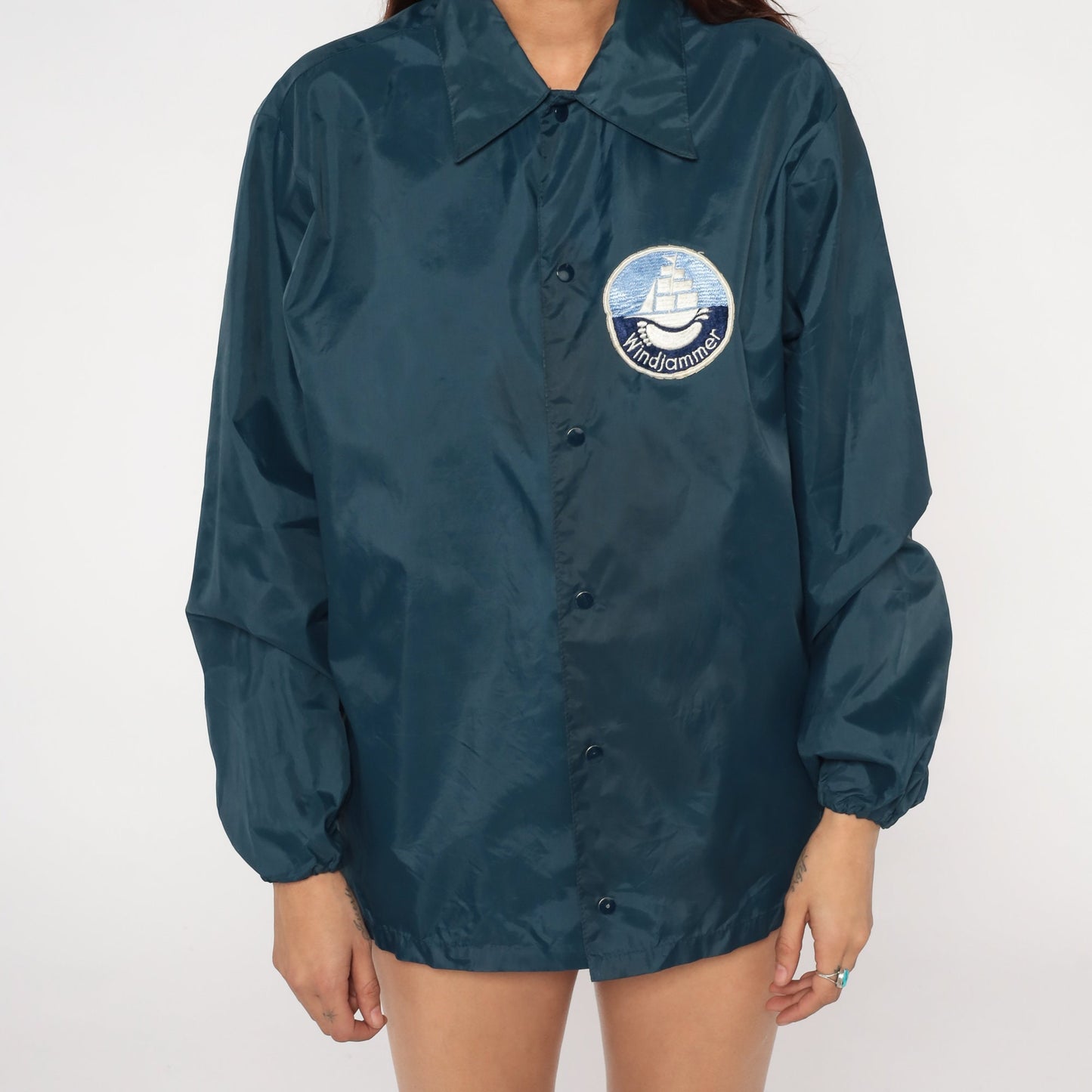 70s Windjammer Sailboat Patch Windbreaker Jacket Navy Nylon Mens Medium