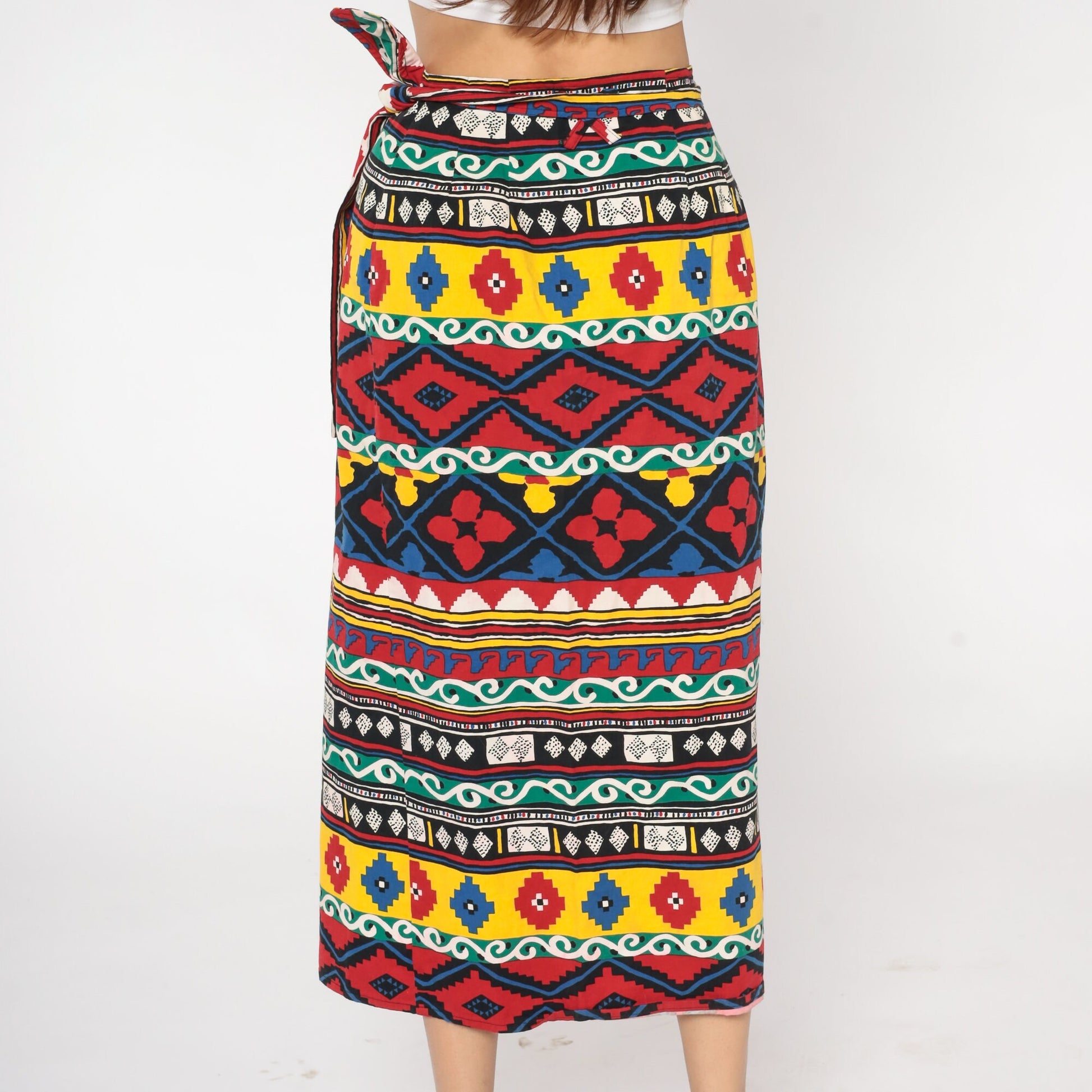 90s Geometric Aztec Print Wrap Midi Skirt Cotton Red Yellow Blue Medium M