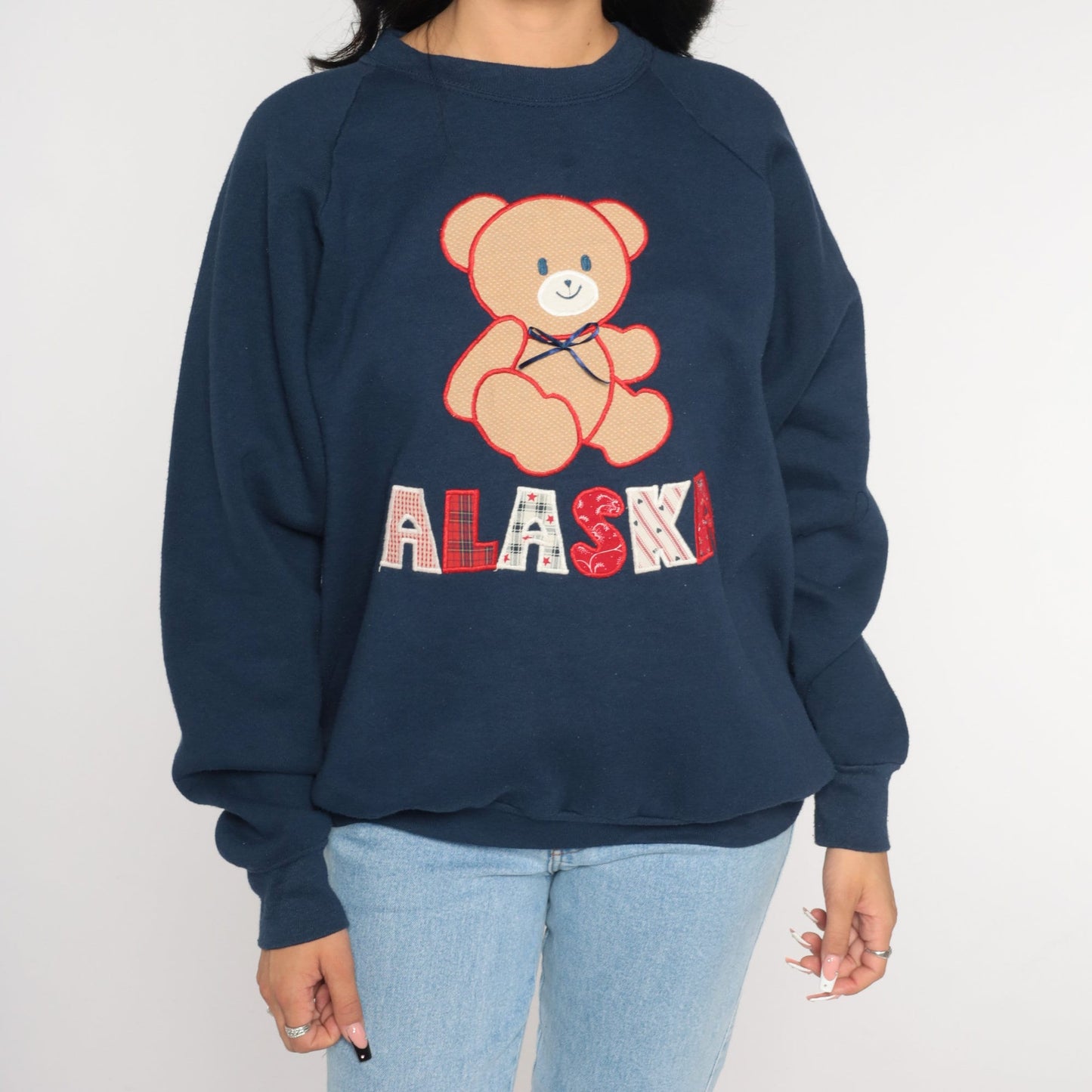 90s Alaska Patchwork Teddy Bear Sweatshirt Navy Raglan Extra Large XXL