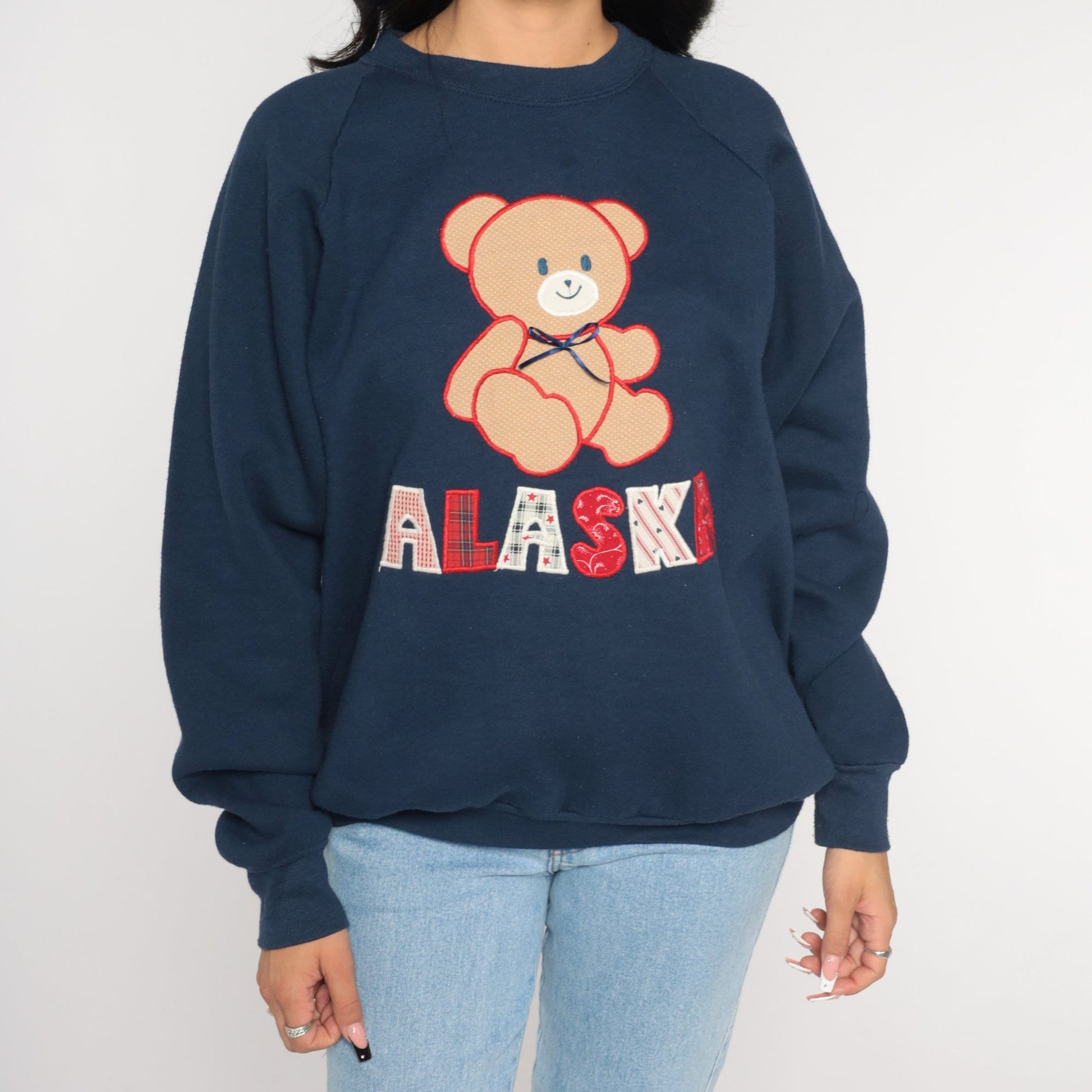 90s Alaska Patchwork Teddy Bear Sweatshirt Navy Raglan Extra Large XXL