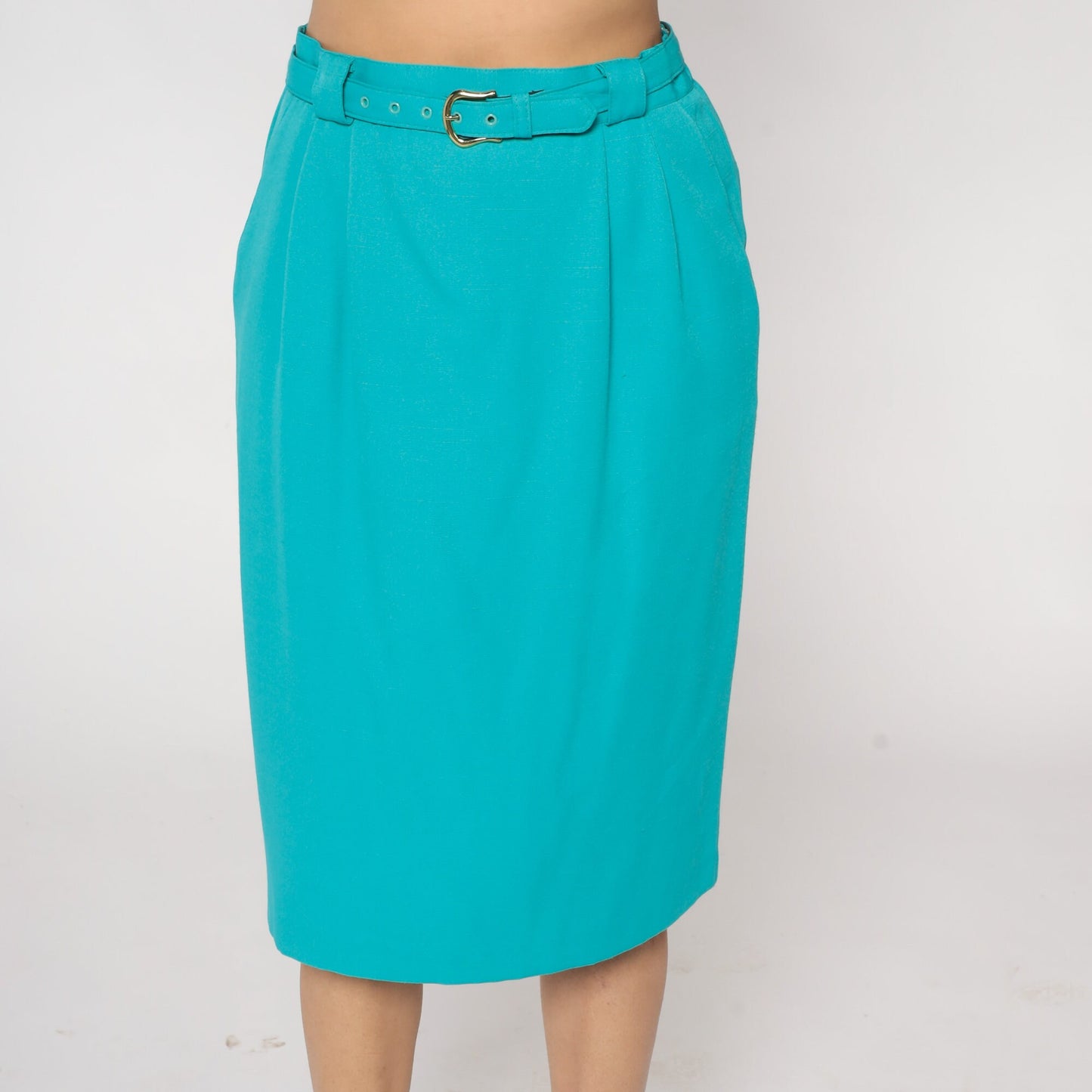 90s Turquoise Pleated Pencil Skirt High Waist Knee Length Belt Medium
