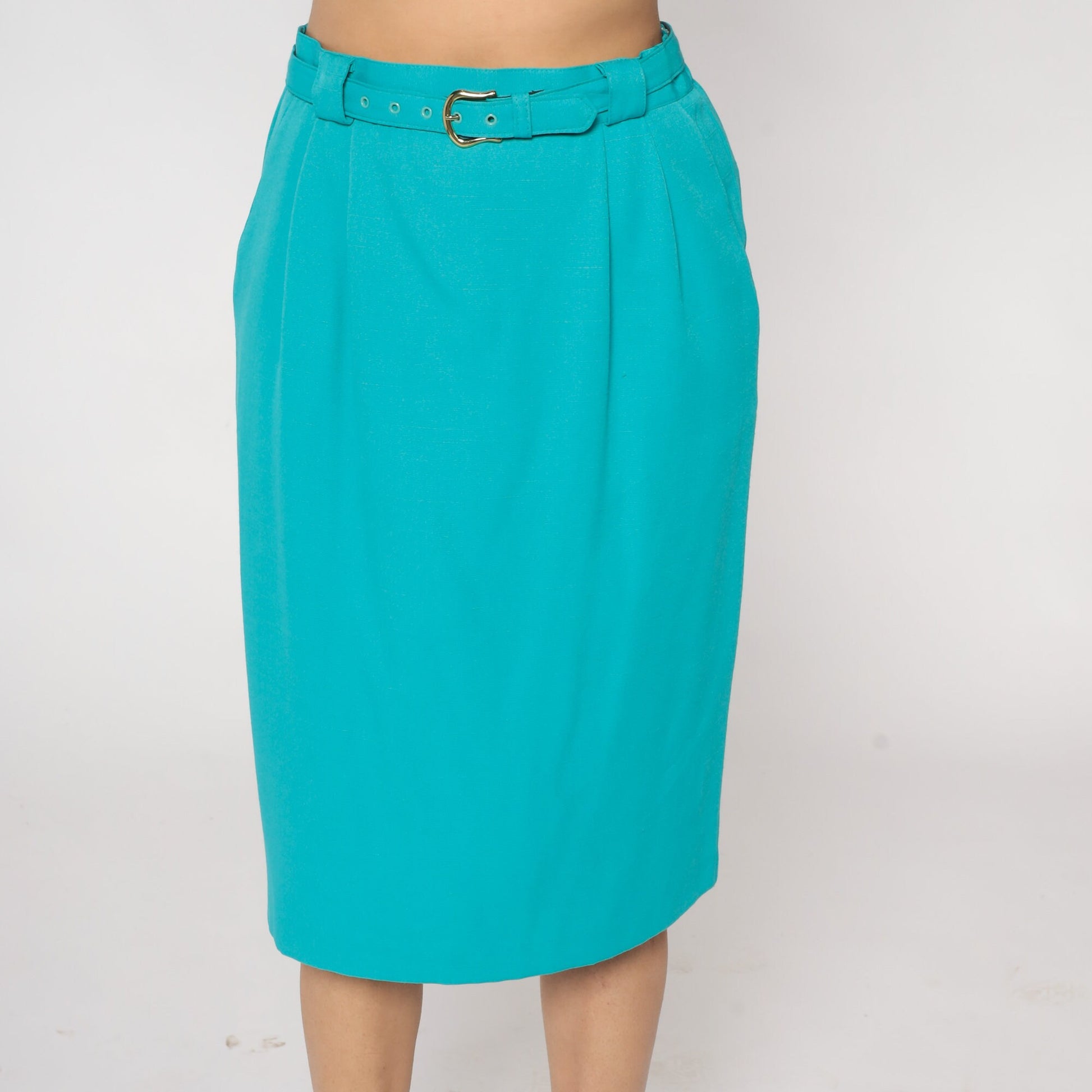 90s Turquoise Pleated Pencil Skirt High Waist Knee Length Belt Medium