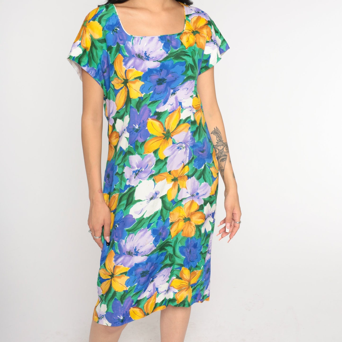 90s Floral Sheath Dress Knee Length Short Sleeve Watercolor Print Green Medium