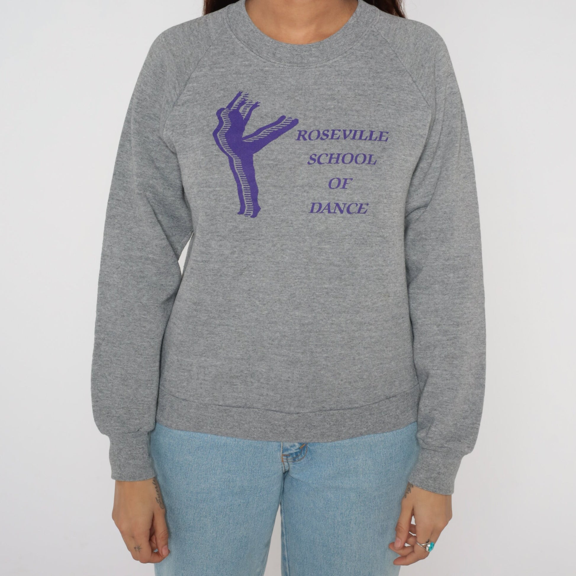 90s Roseville School of Dance Raglan Sweatshirt Grey Graphic Crewneck Small