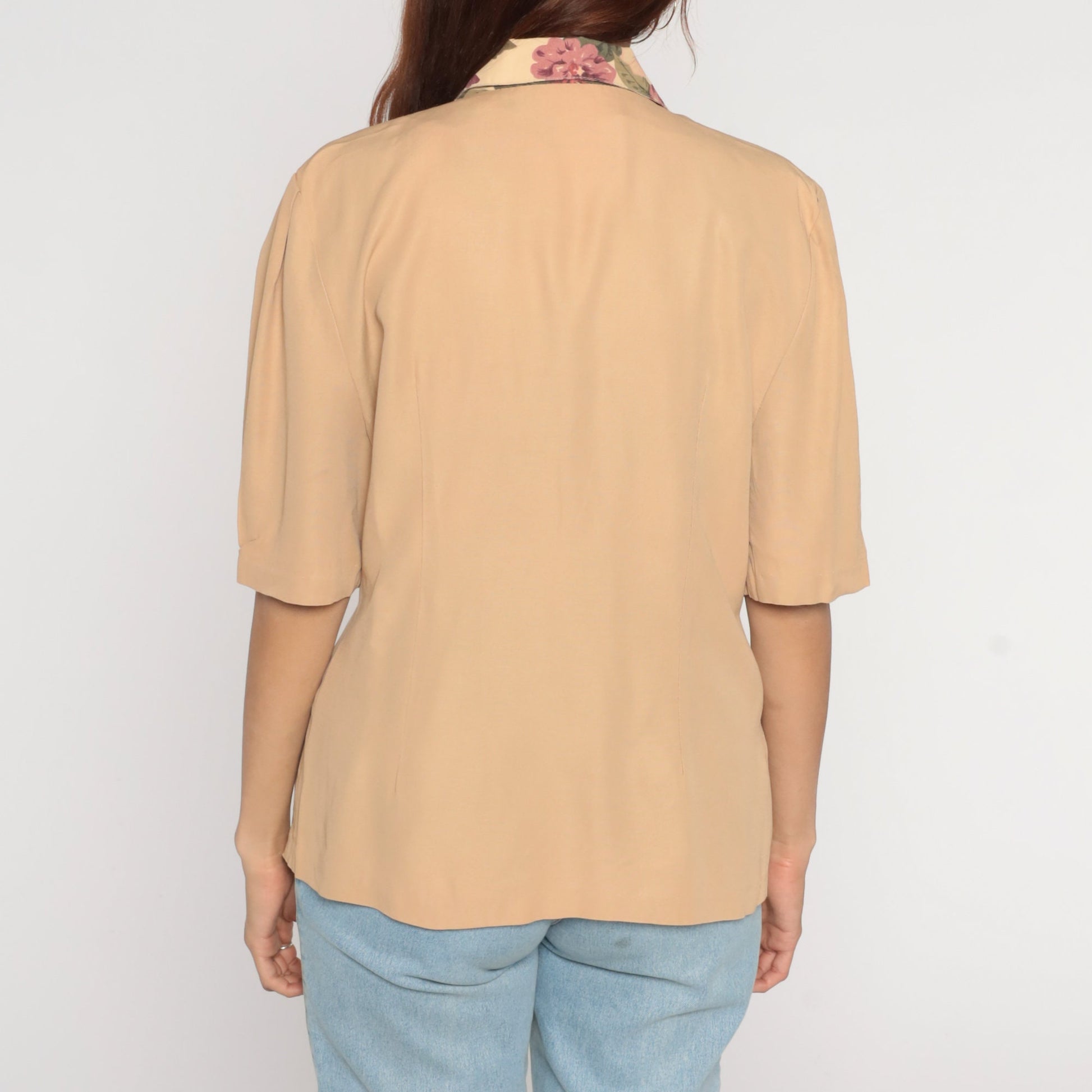 90s Tan Floral Button-Up Blouse Short Sleeve V-Neck Trim Large L