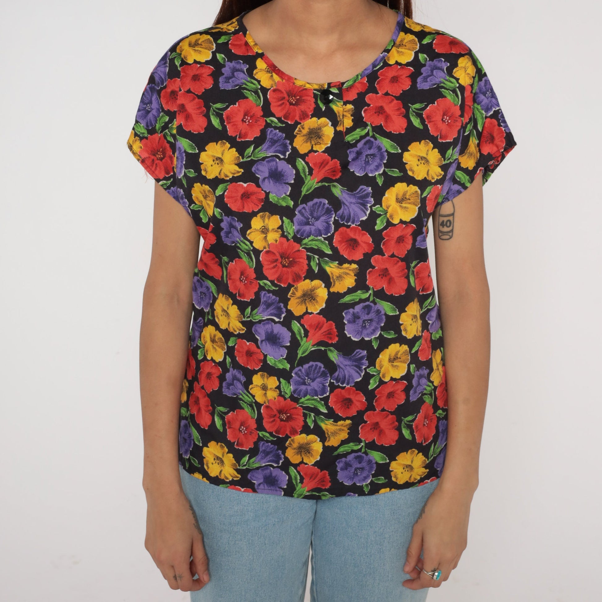90s Black Floral Print Shirt Short Sleeve Henley Medium M