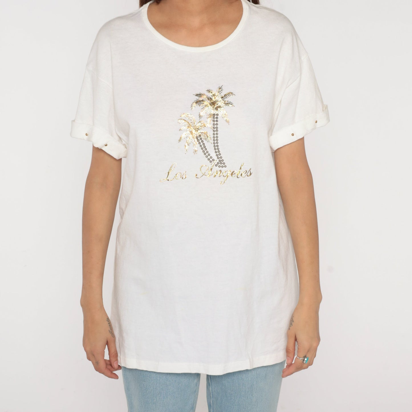 Y2K Los Angeles Palm Tree Graphic T-Shirt Gold Studded White Large L