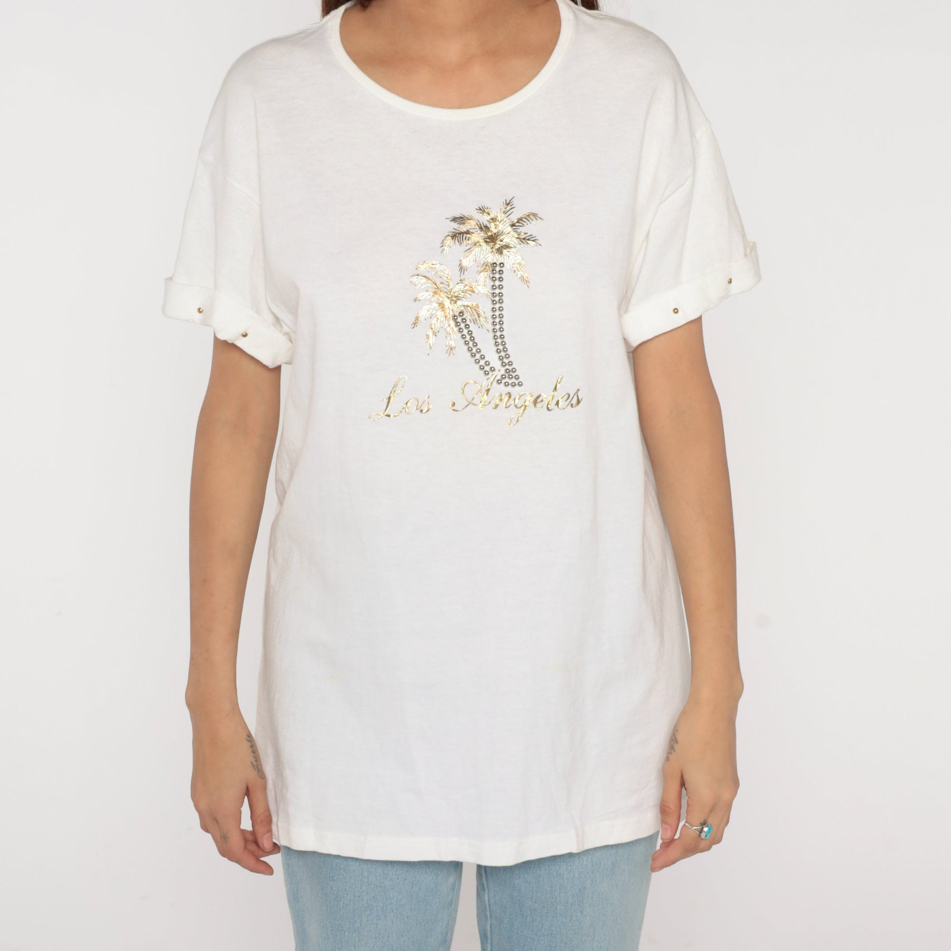 Y2K Los Angeles Palm Tree Graphic T-Shirt Gold Studded White Large L