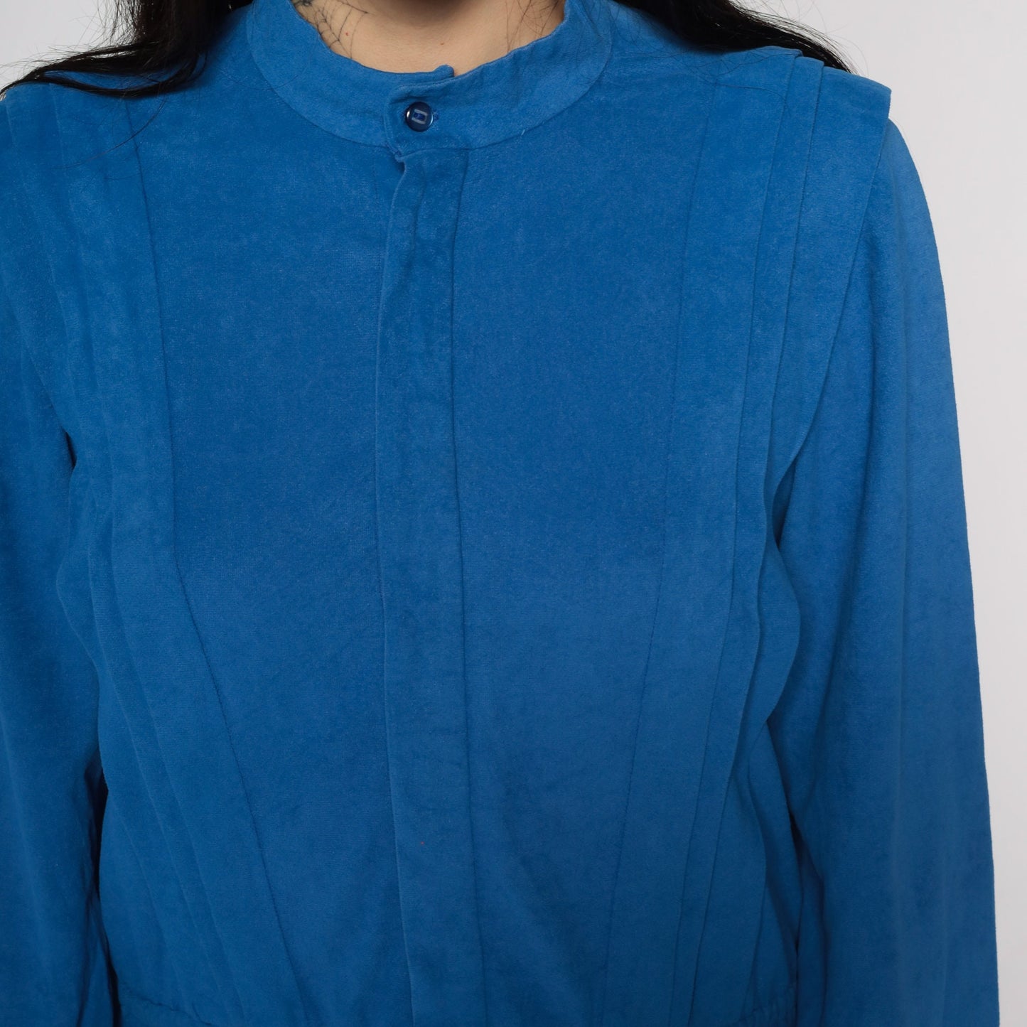 1970s Blue Faux Suede Mini Dress Long Sleeve Elastic Waist Medium Large