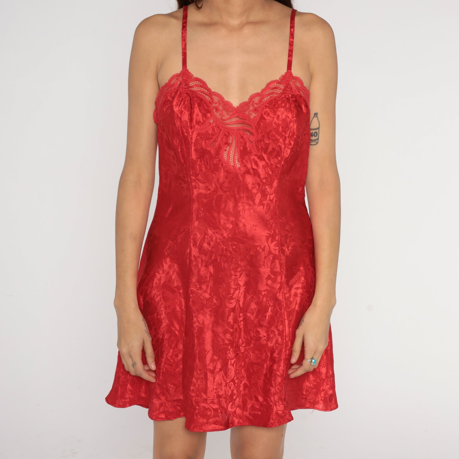 90s Red Floral Embossed Slip Dress Mini Cutout Lace Spaghetti Strap Medium M
