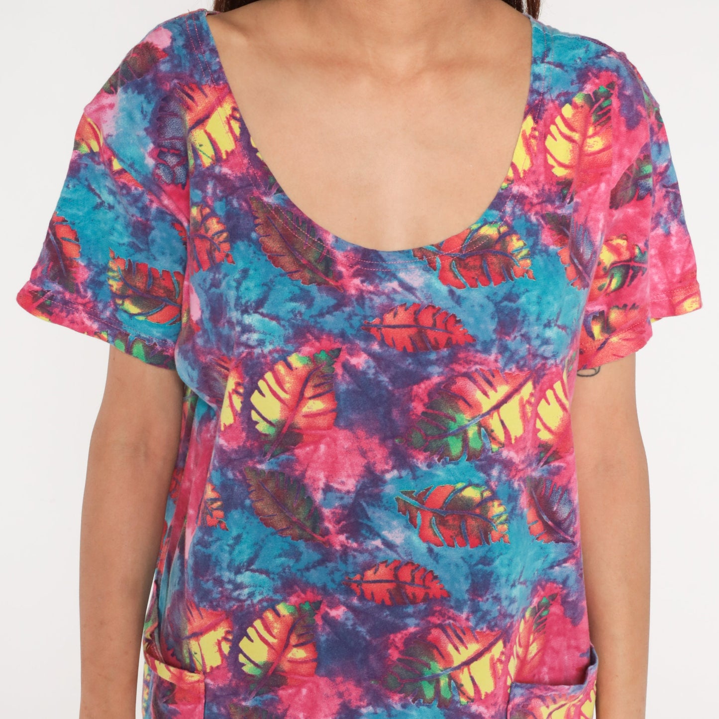 Y2K Tie Dye Leaf Print T-Shirt Dress Pink Blue Mini Short Sleeve Medium M