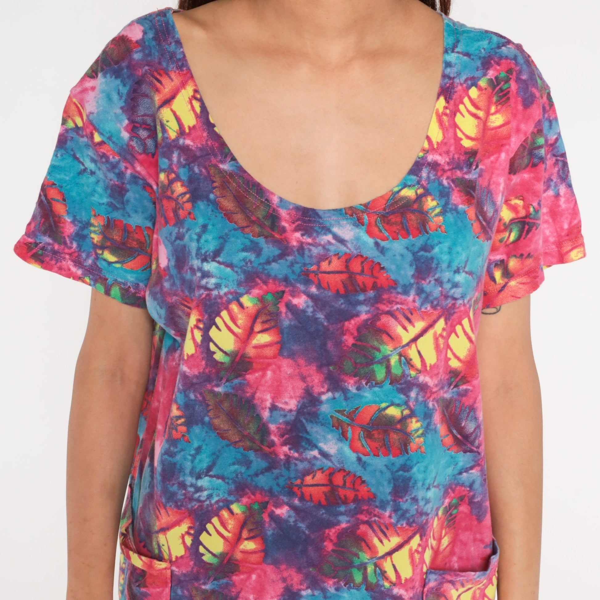 Y2K Tie Dye Leaf Print T-Shirt Dress Pink Blue Mini Short Sleeve Medium M