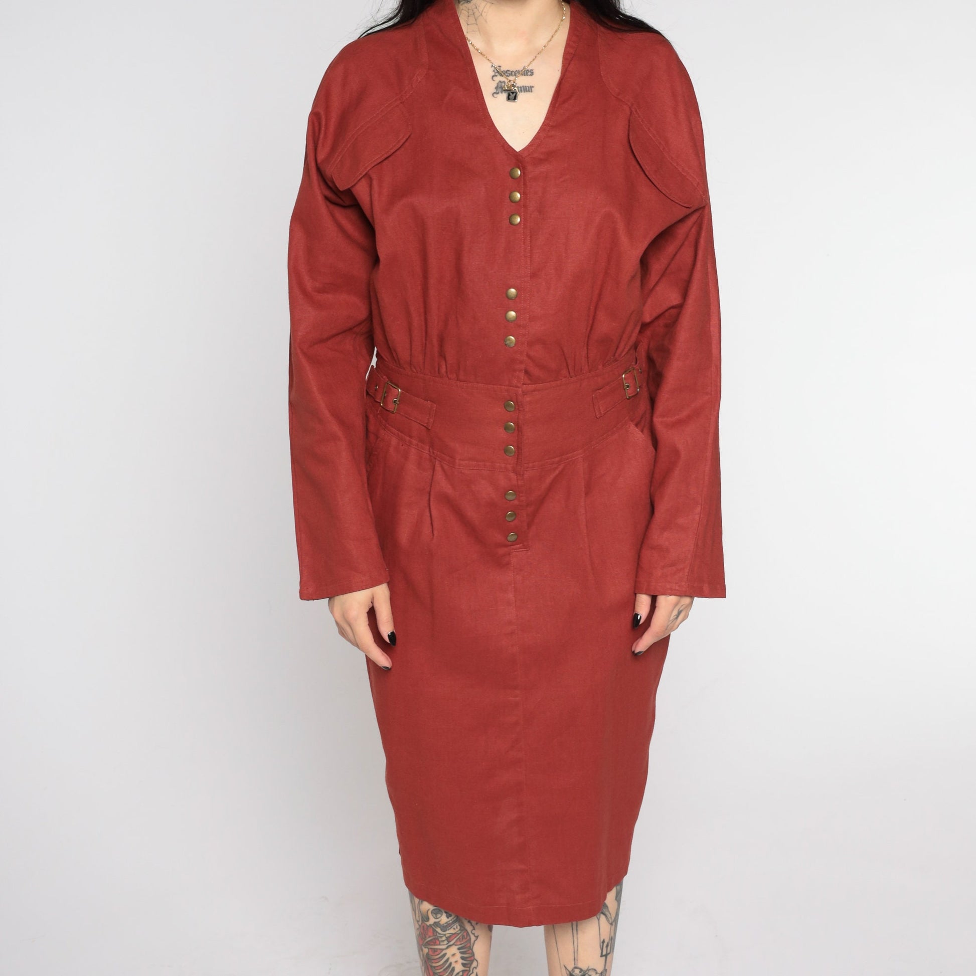 80s Rust Button-Up Sheath Dress V-Neck Long Sleeve Midi Medium