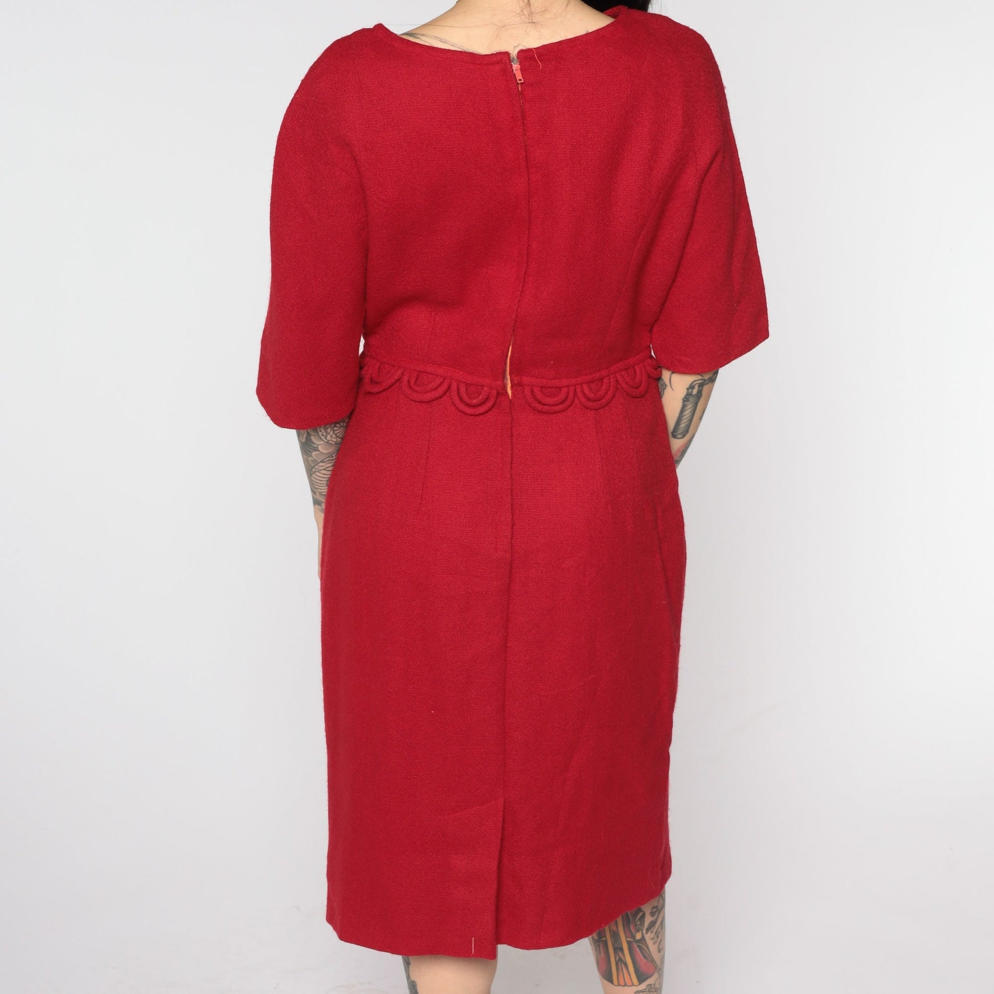60s Stacy Ames Red Wool Midi Dress Half Sleeve High Waist Medium