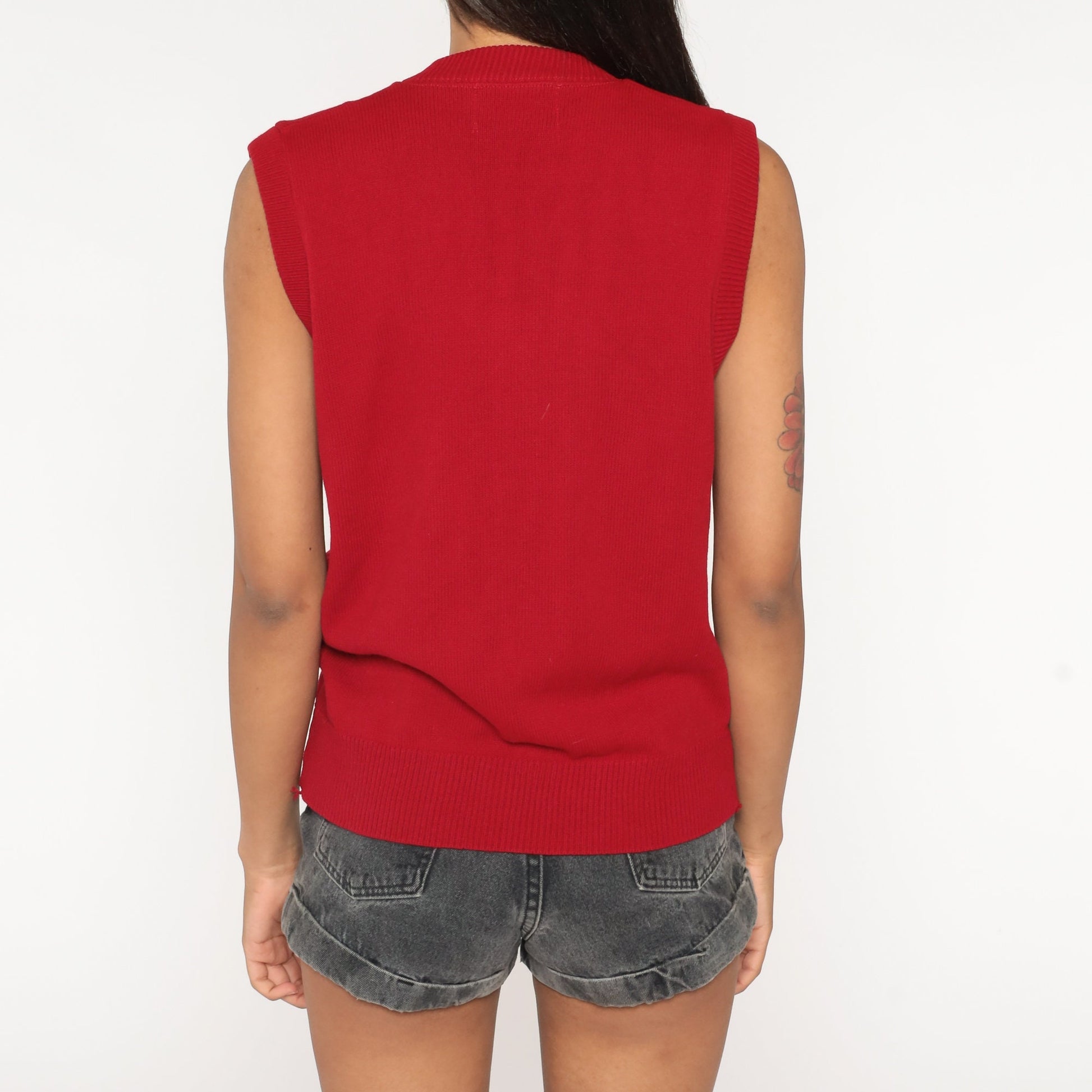 80s Red Acrylic Knit Sweater Vest V-Neck Sleeveless Small