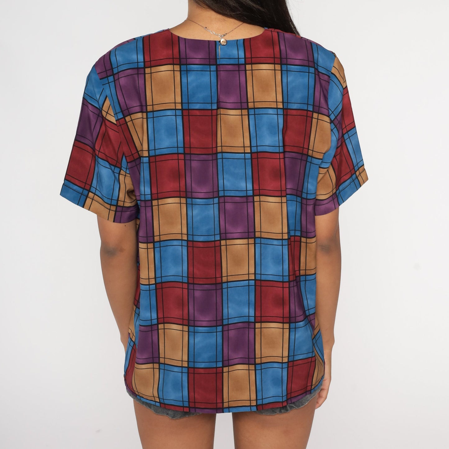 90s Checkerboard Blouse Purple Pink Blue Geometric Short Sleeve Medium M