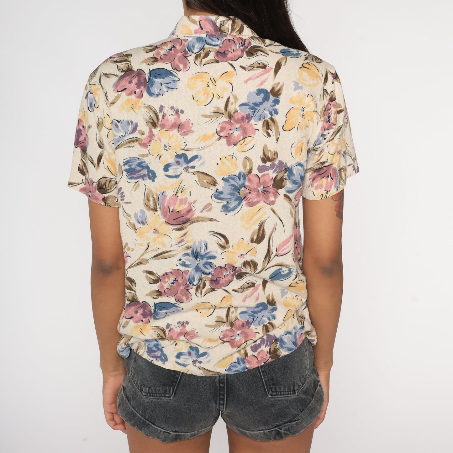 90s Silk Floral Button-Up Shirt Short Sleeve Botanical Beige Blue Yellow Small