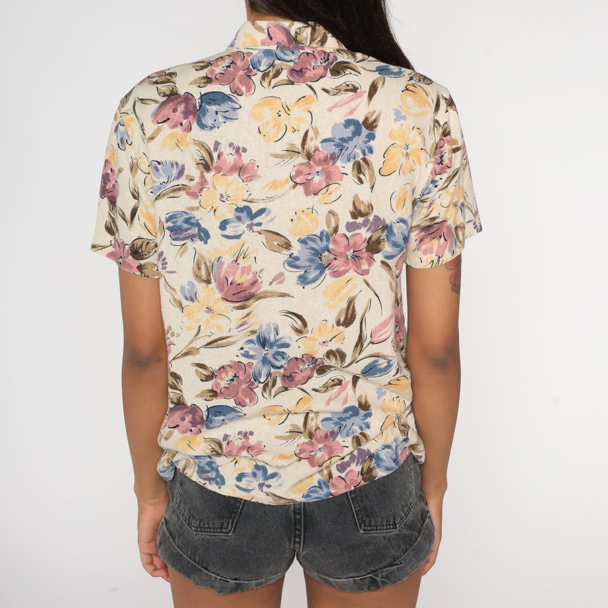 90s Silk Floral Button-Up Shirt Short Sleeve Botanical Beige Blue Yellow Small
