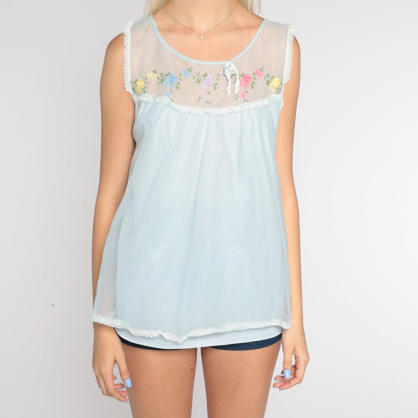 70s Baby Blue Babydoll Lingerie Top Floral Embroidered Lace Bib Medium M