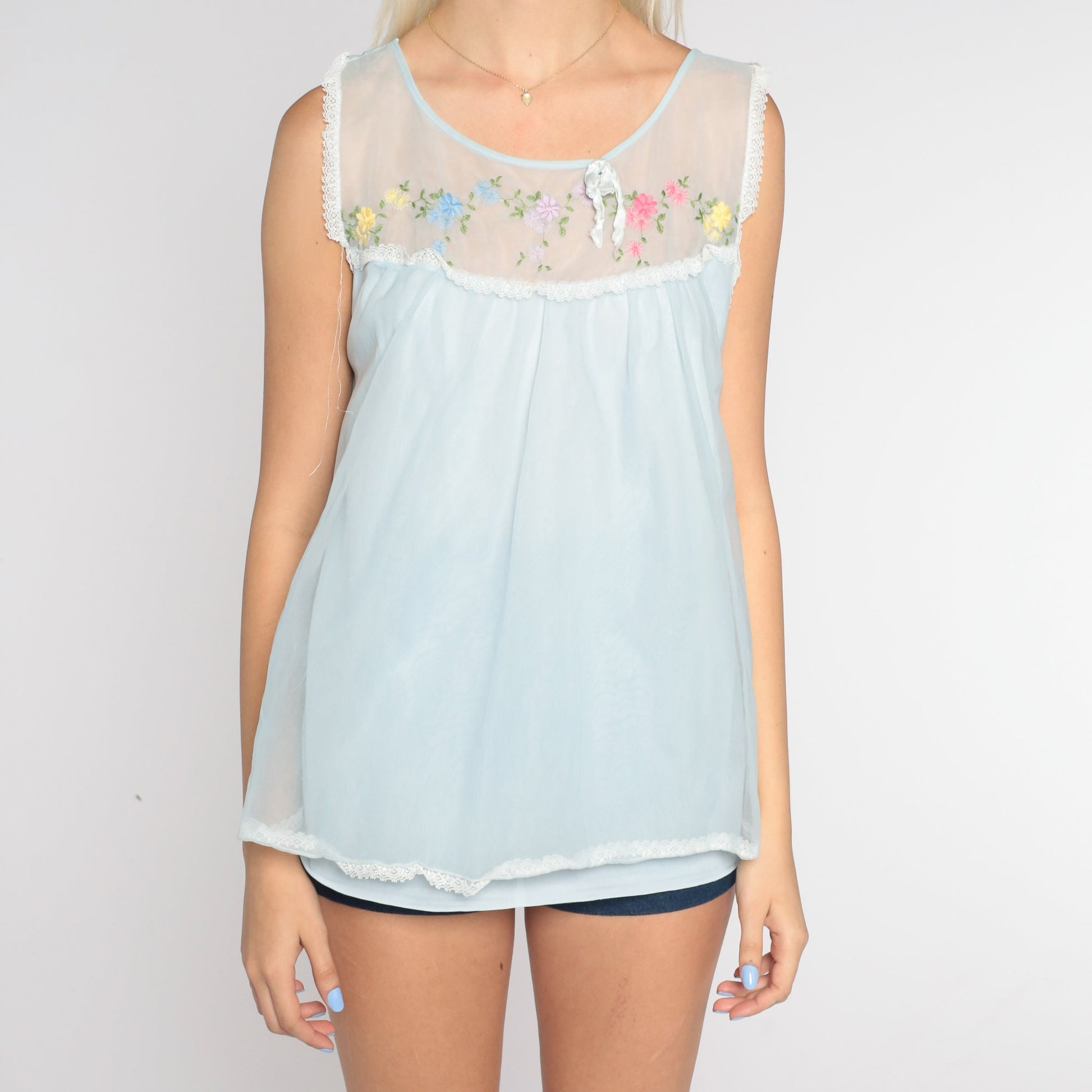70s Baby Blue Babydoll Lingerie Top Floral Embroidered Lace Bib Medium M