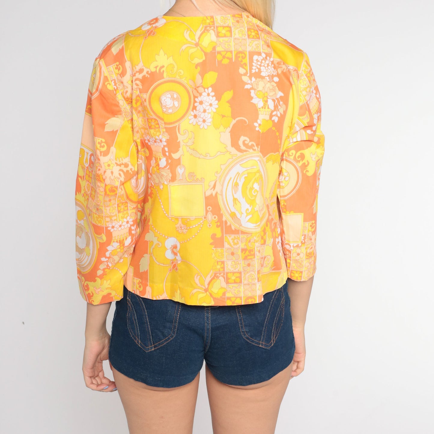 70s Floral Blazer Yellow Orange Flower Print 3/4 Sleeve Jacket Medium M