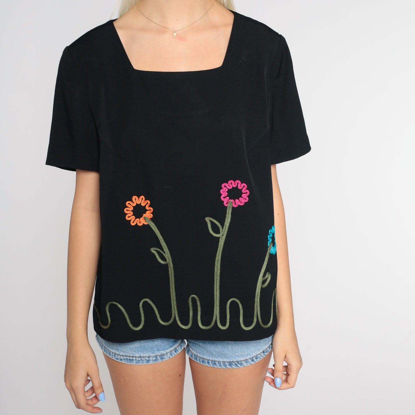 90s Black Floral Embroidered Blouse Short Sleeve Square Neck Vintage Large L