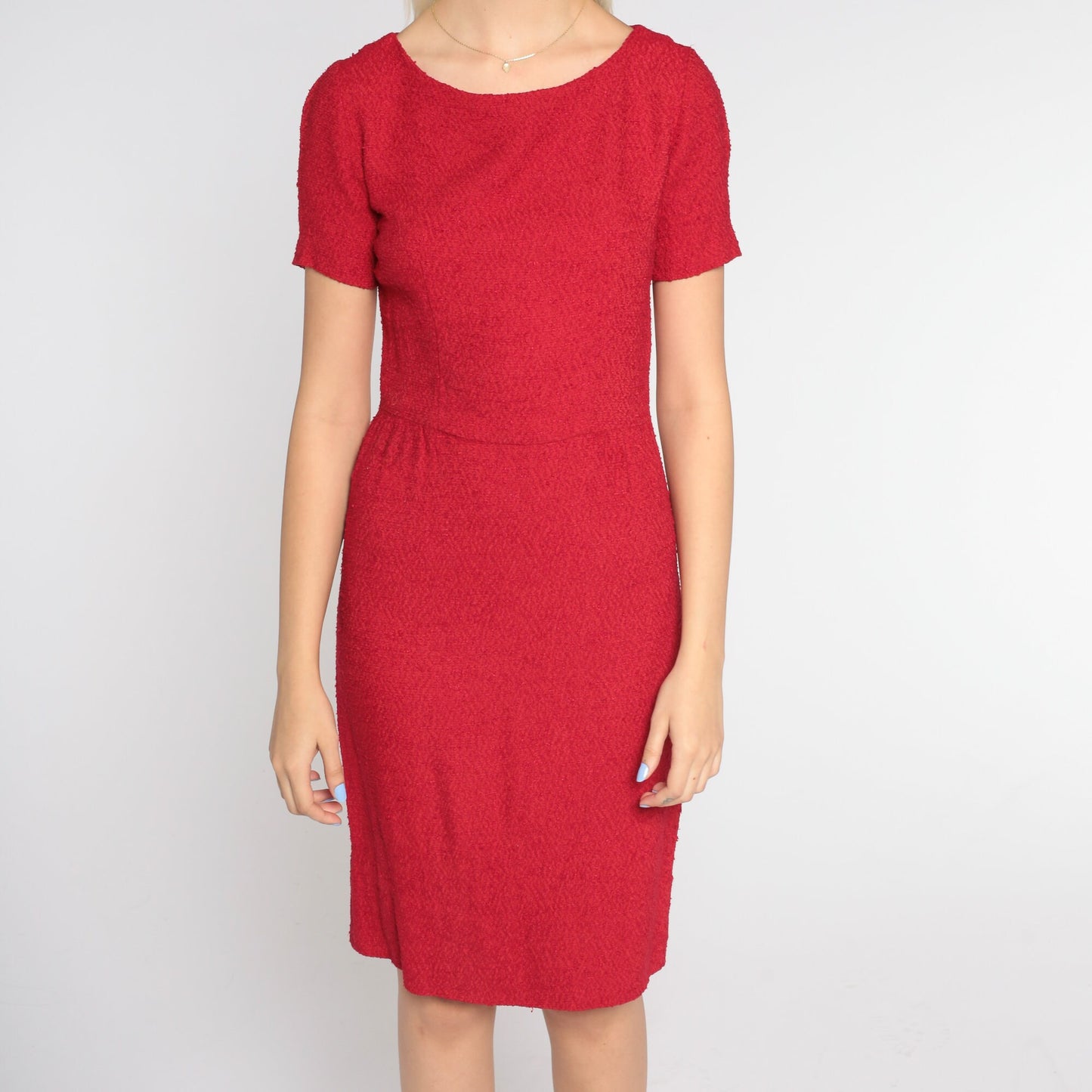 1960s Red Pencil Dress Mini Sheath High Waist Short Sleeve Small