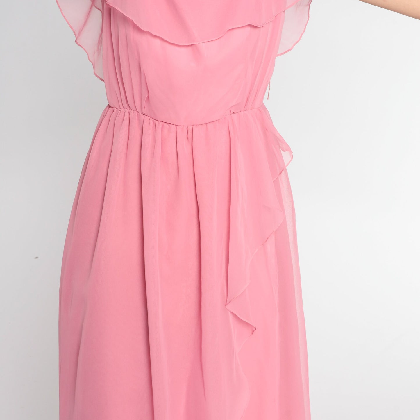 70s Pink Chiffon Maxi Dress Grecian Capelet Flutter Sleeve High Waist Extra Small